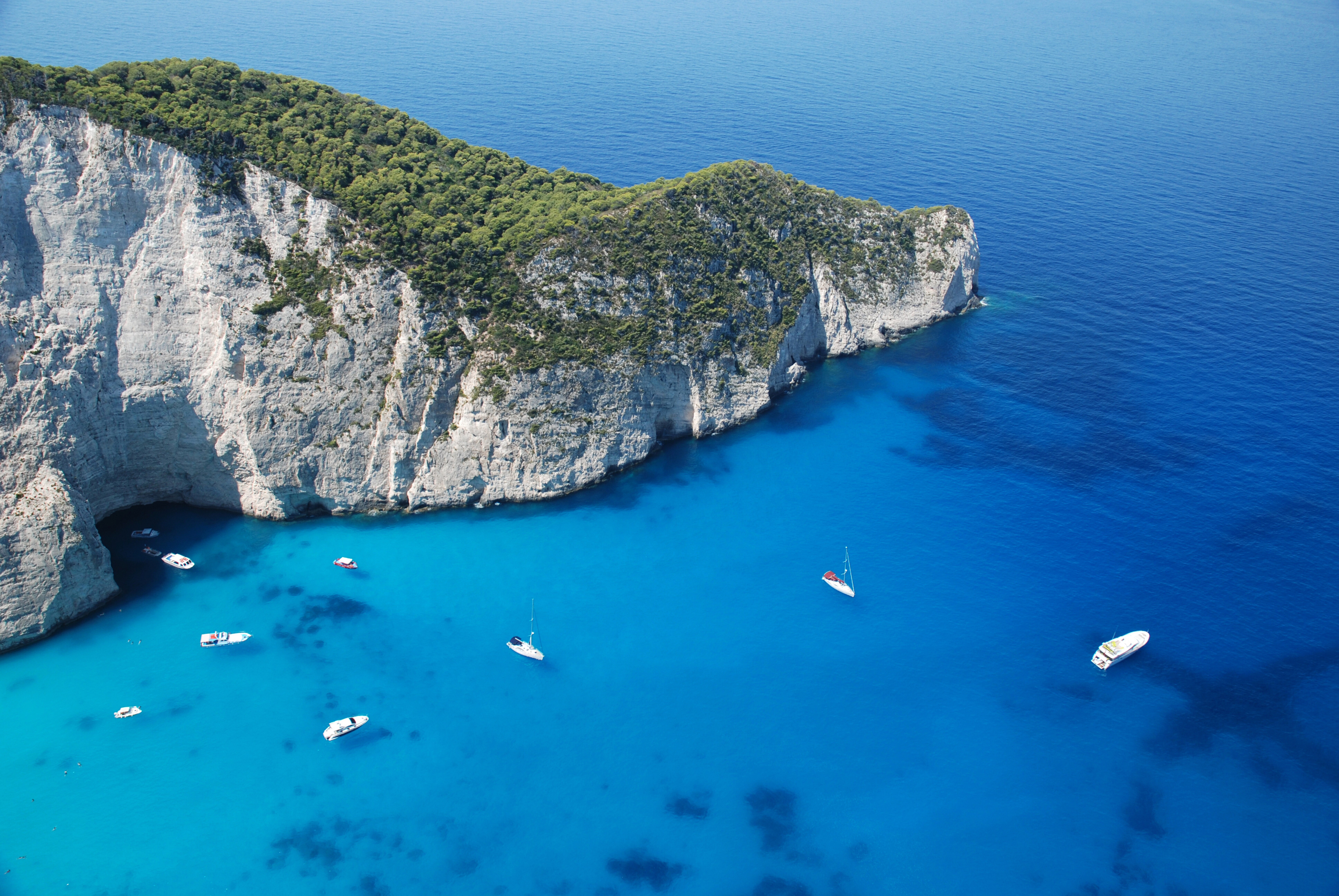 water, forest, sea, Mediterranean, 8K, boat, mountains, Greece, Zakynthos, HD Wallpaper