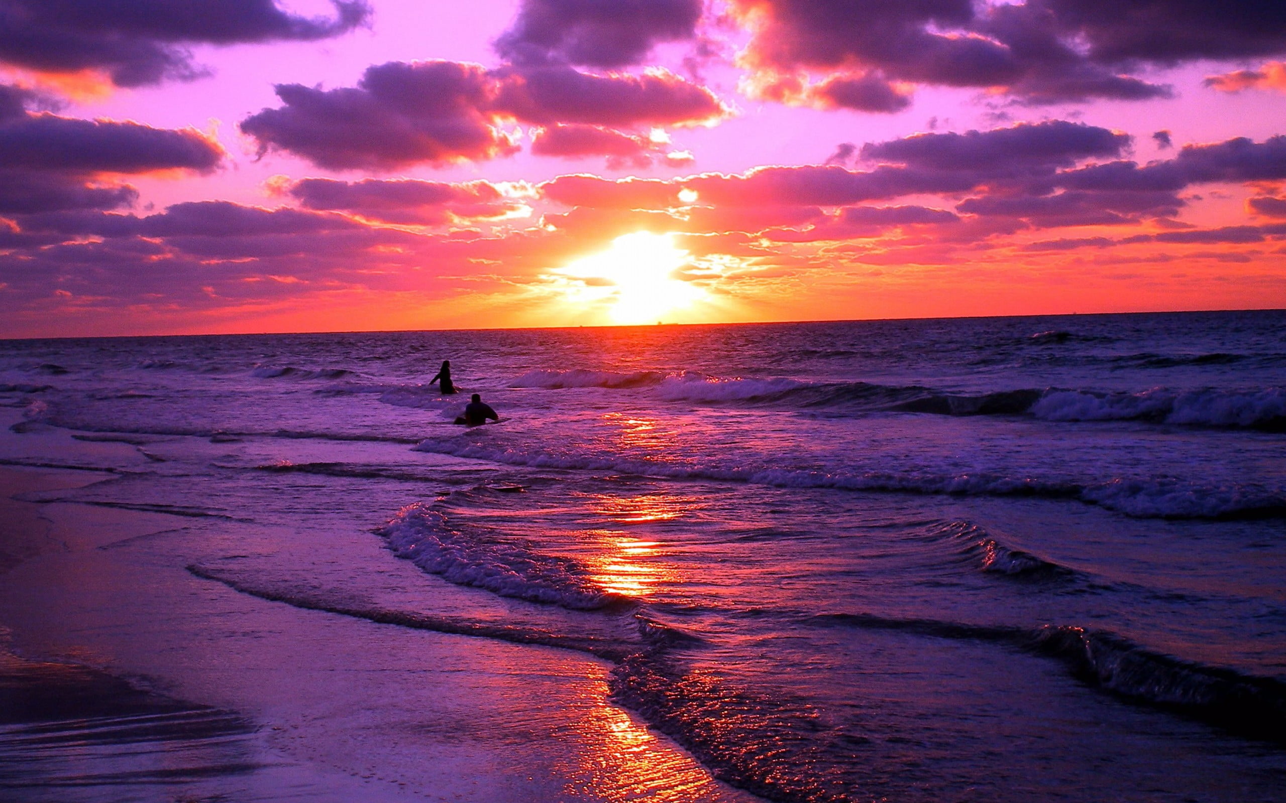silhouette, water, 2K, clouds, scenics - nature, land, cloud - sky, horizon over water, wave, sea, purple, horizon, waves, tranquility, sport, sky, motion, HD Wallpaper