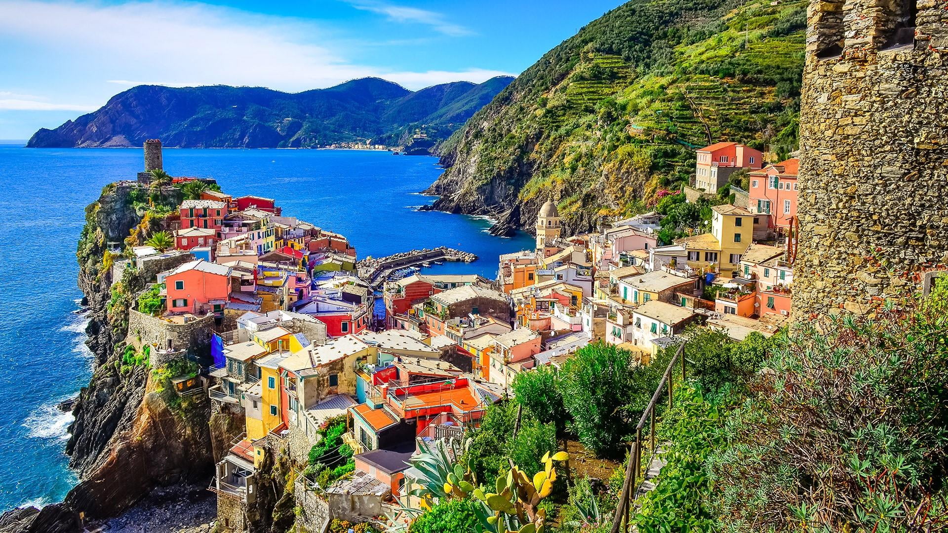 landscape, nature, plant, architecture, castle, colorful, vernazza, no people, mediterranean sea, roofs, doria castle, building, cinque terre, water, beach, HD Wallpaper