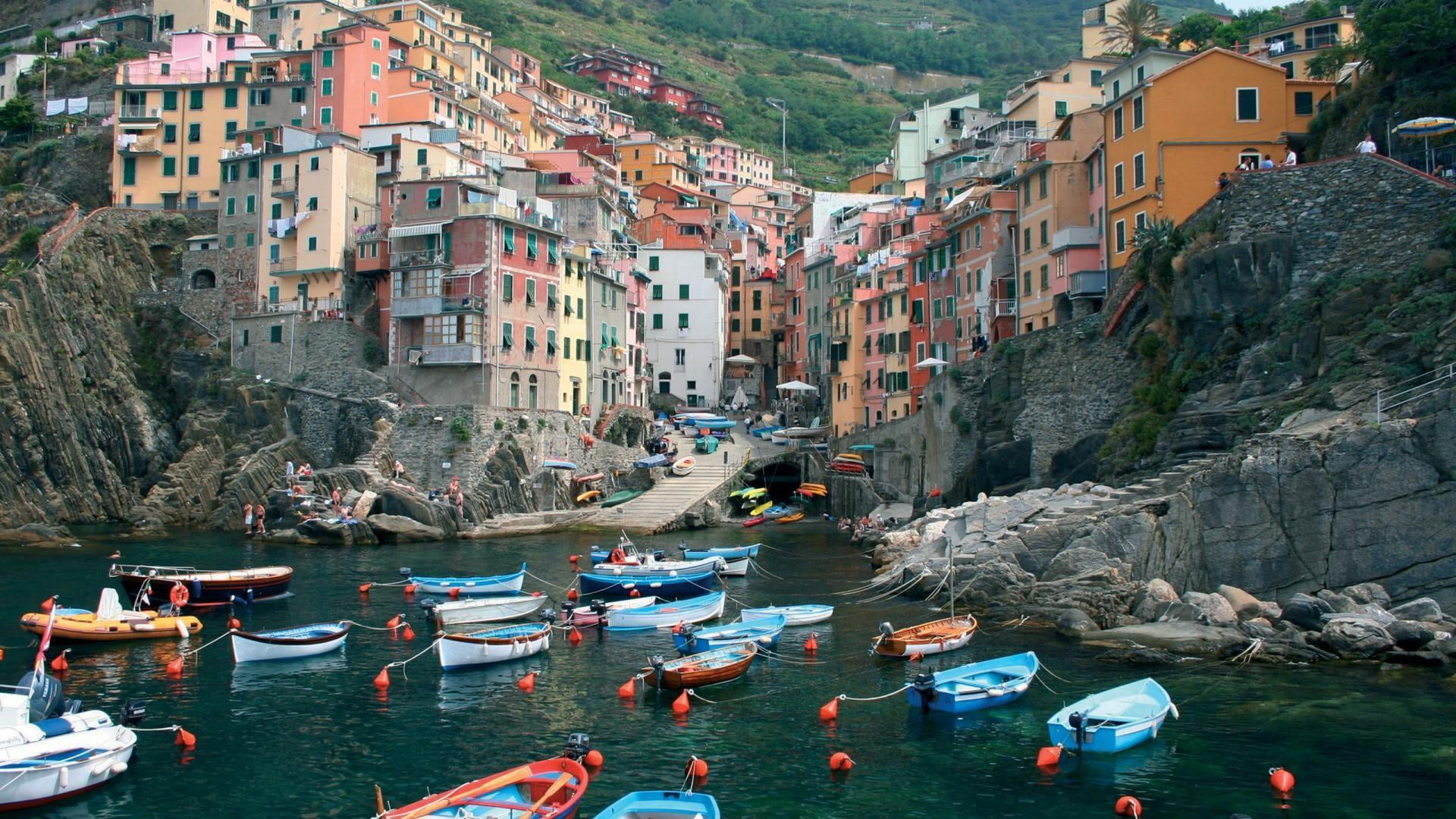 tourism, gondola - traditional boat, body of water, nature, city, high angle view, monterosso al mare, building exterior, 1080P, sky, people, village, HD Wallpaper