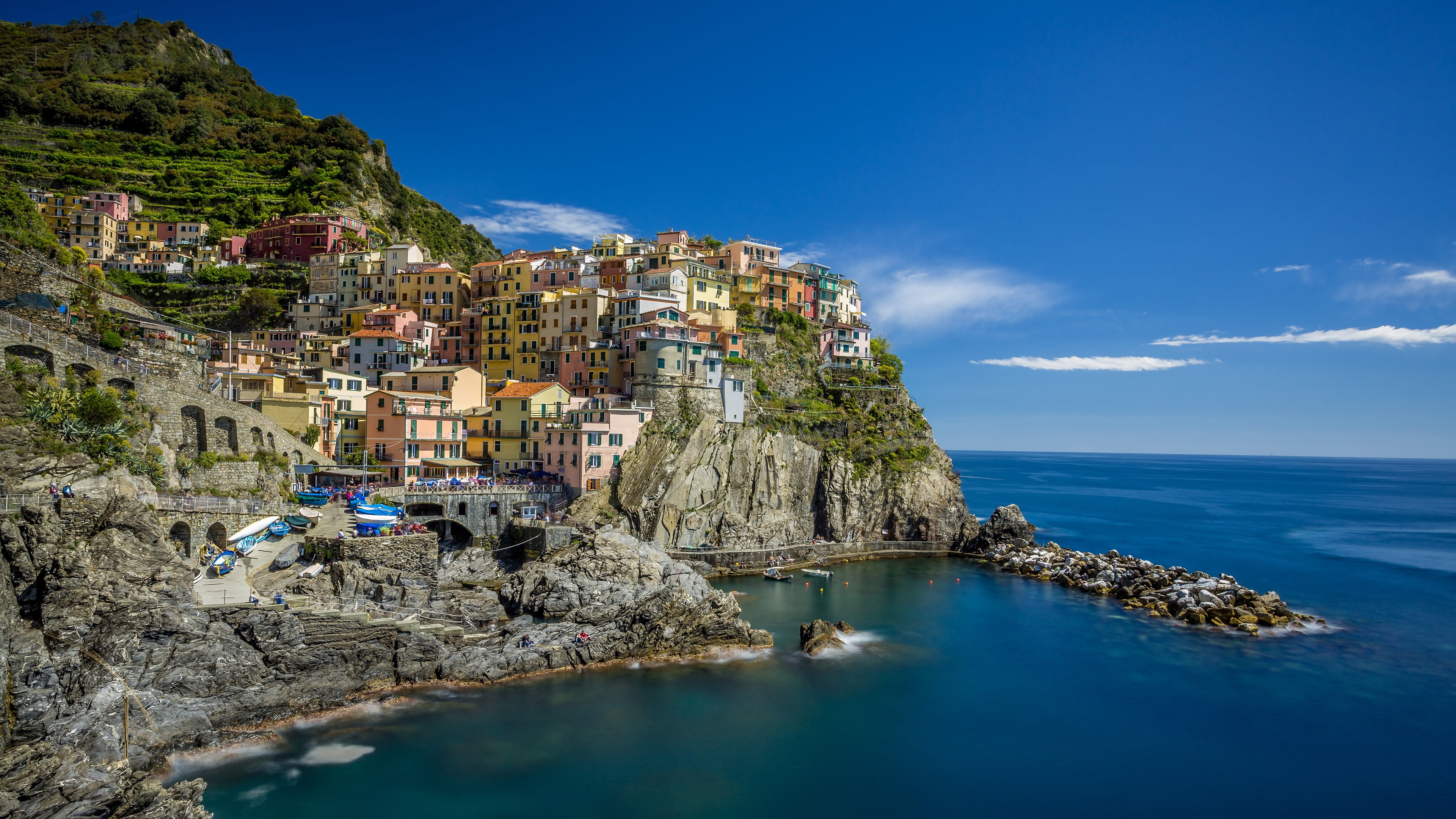 nature, solid, summer, italy, summertime, blue, scenics - nature, rock - object, formation, outdoors, terrain, manarola, built structure, rock, 4K, mountain, HD Wallpaper