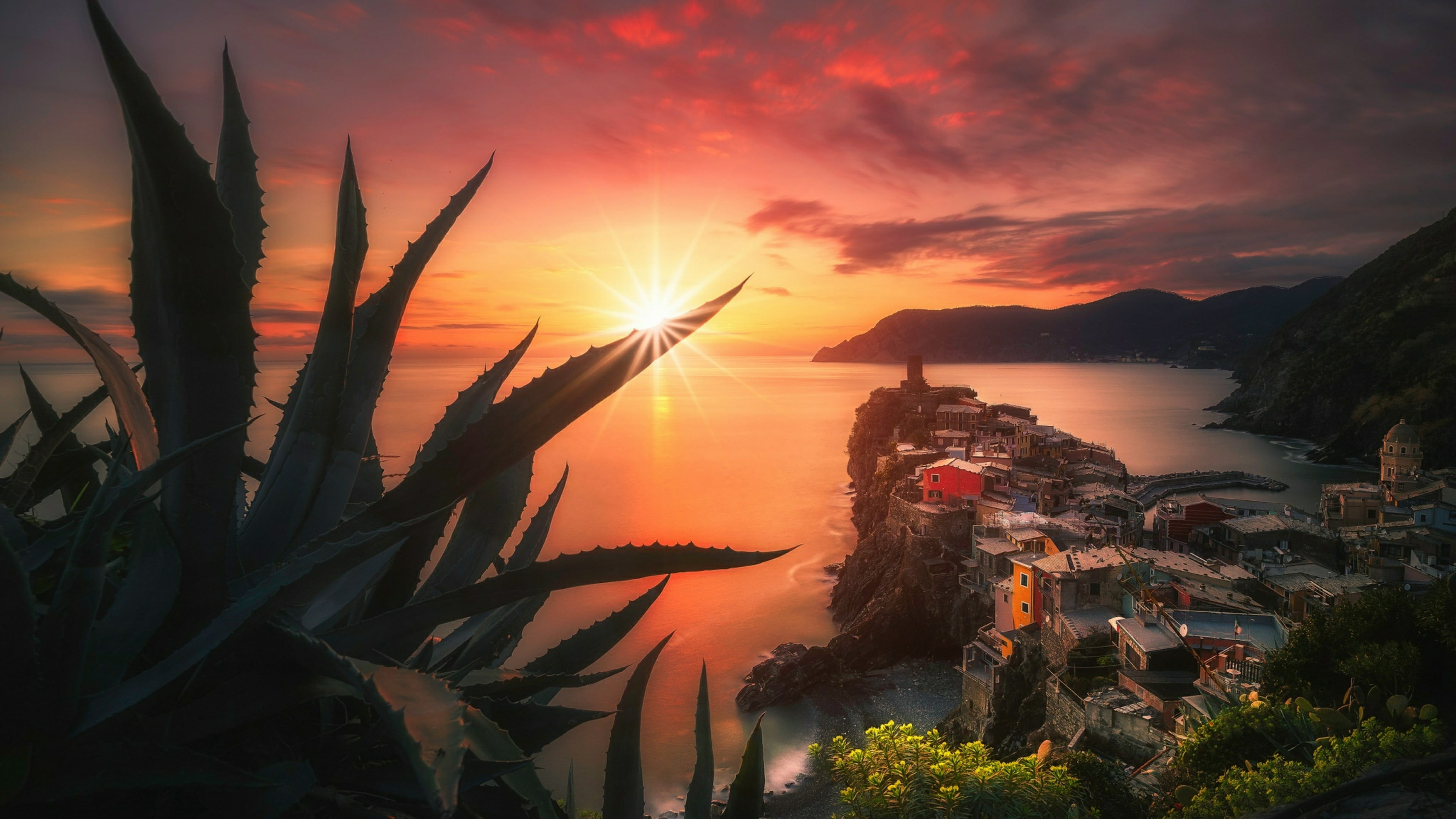 orange color, scenics - nature, no people, building exterior, liguria, europe, vernazza, sea, italy, plant, growth, architecture, beauty in nature, 4K, HD Wallpaper
