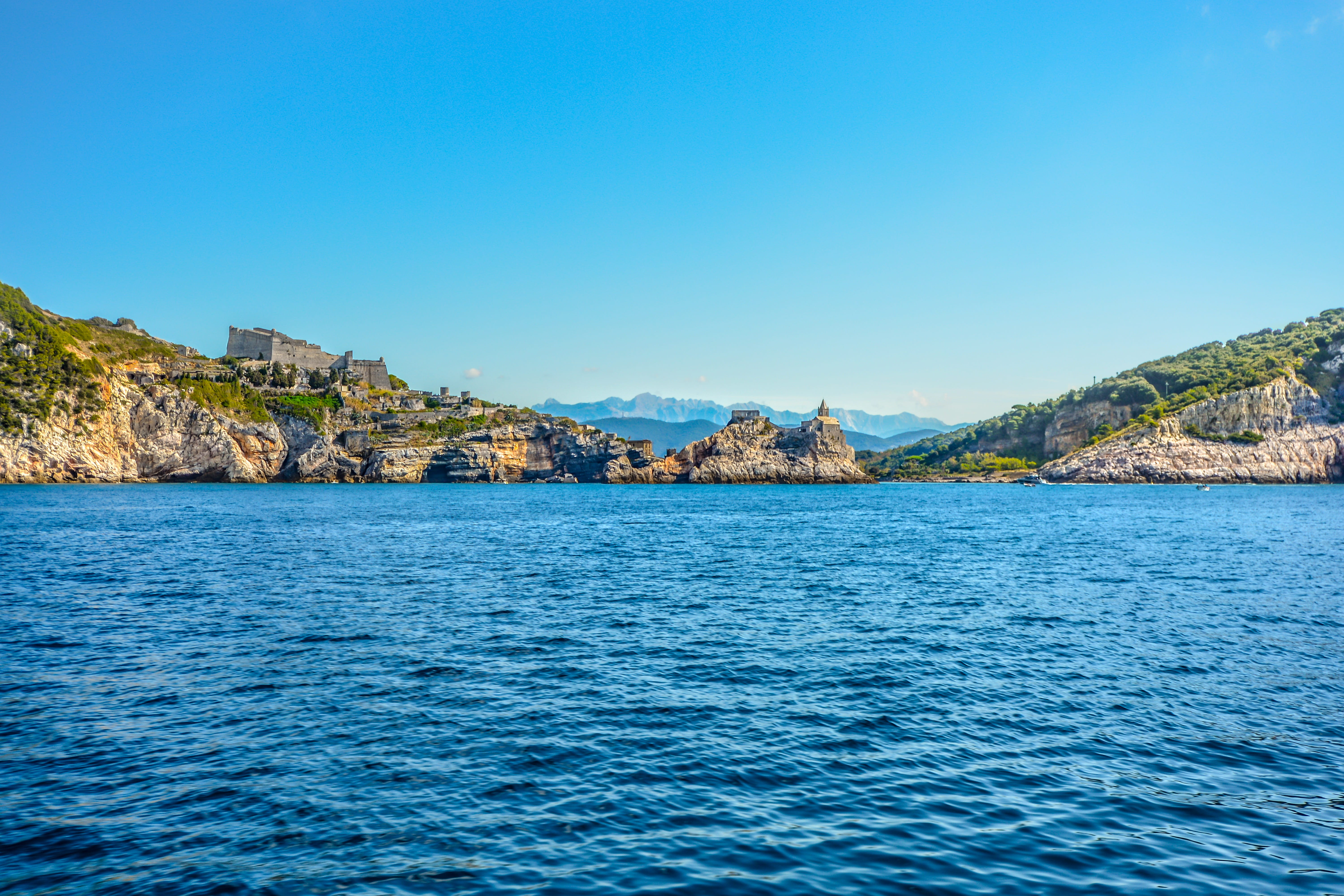 sea, outdoors, rock, beauty in nature, holiday, land, coast, portovenere, island, summer, gulf of poets, day, view, clear sky, italian, church, castle, HD Wallpaper
