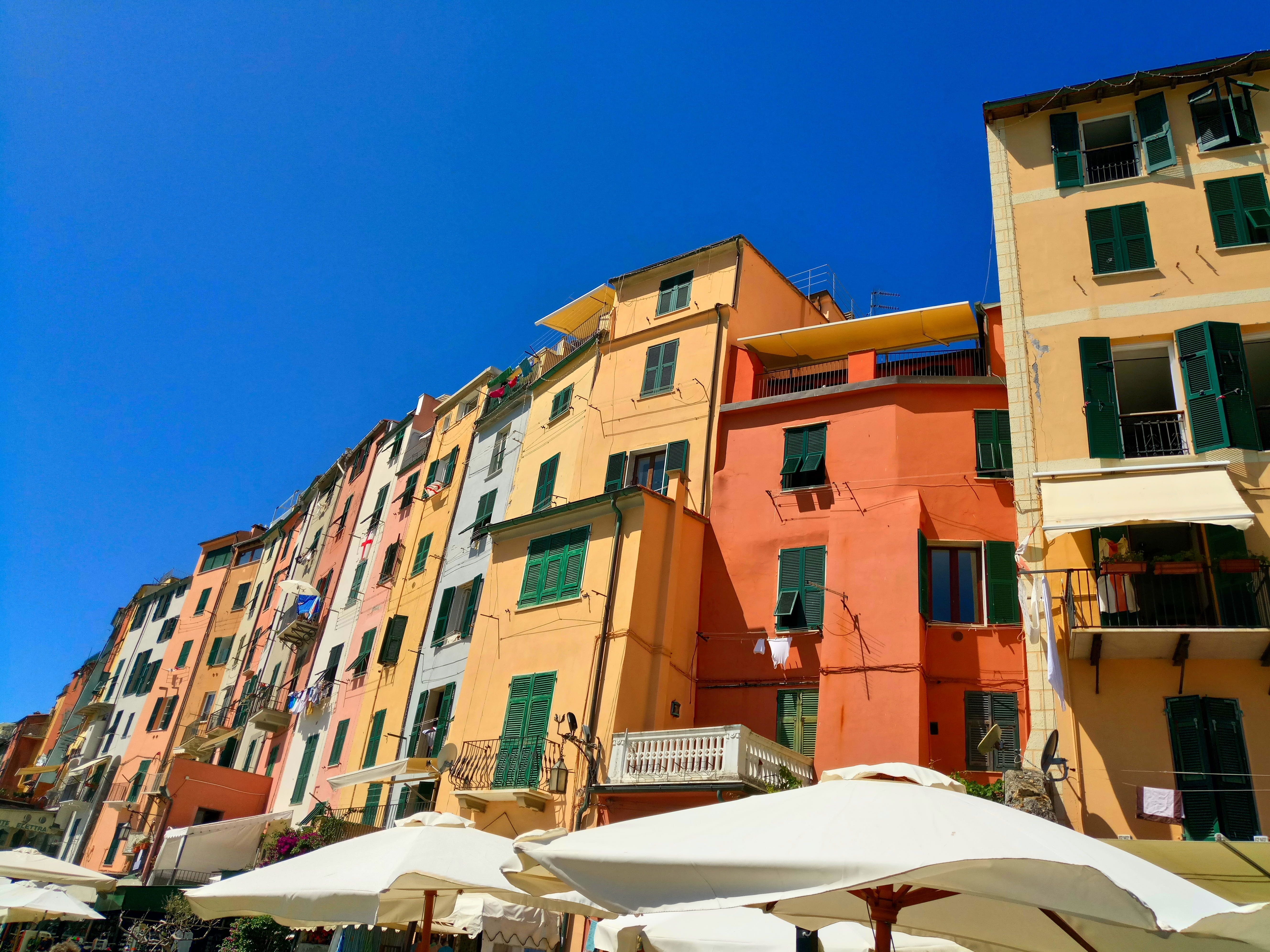 winter, colored houses, city, cinque terre, low angle view, snow, nature, ligurie, clear sky, outdoors, 5K, portovenere, building, cold temperature, building exterior, HD Wallpaper