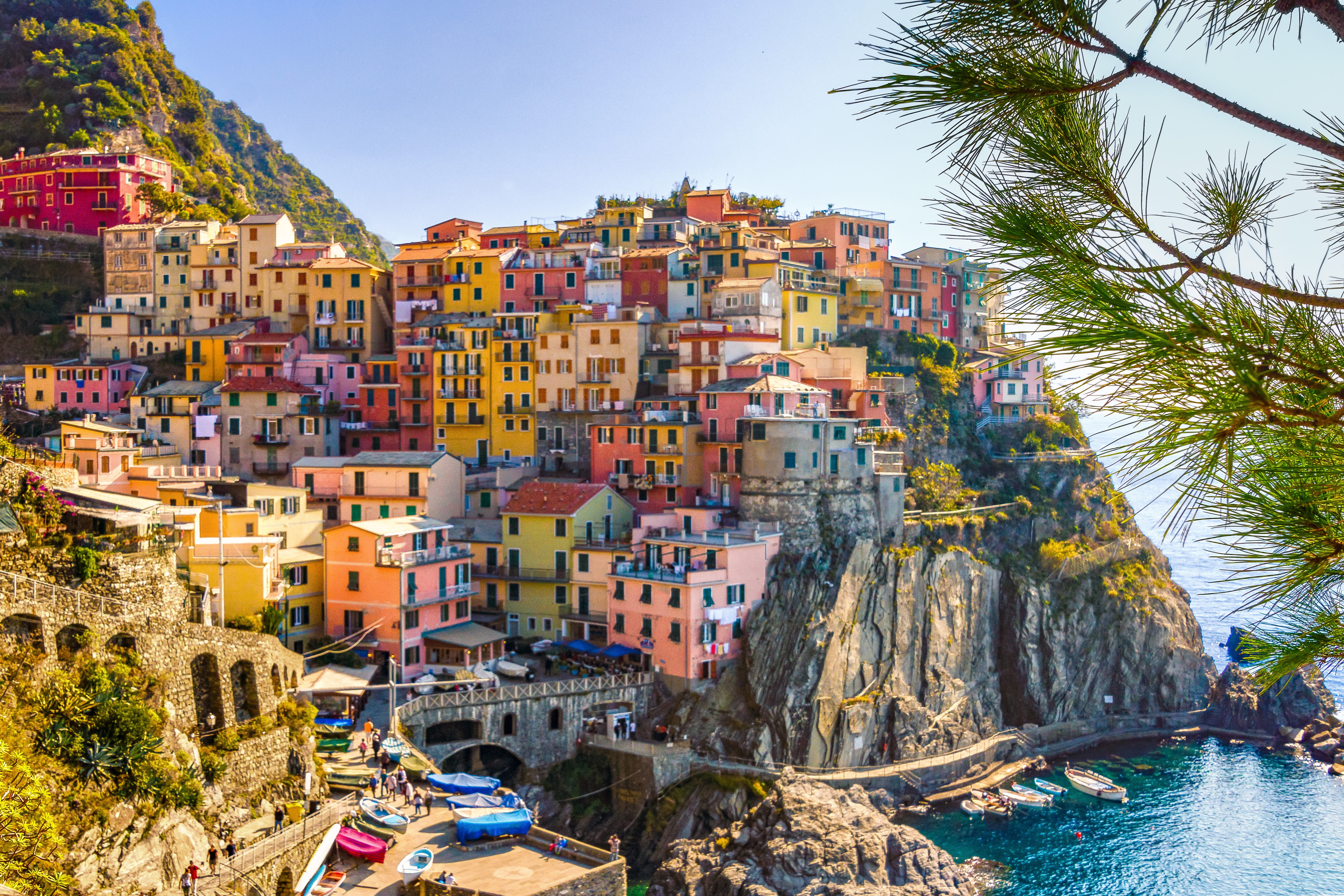 nautical vessel, travel, canal, building, water, hills, summer, day, mountain, village, city, waterfront, clear sky, houses, vacations, architecture, no people, HD Wallpaper