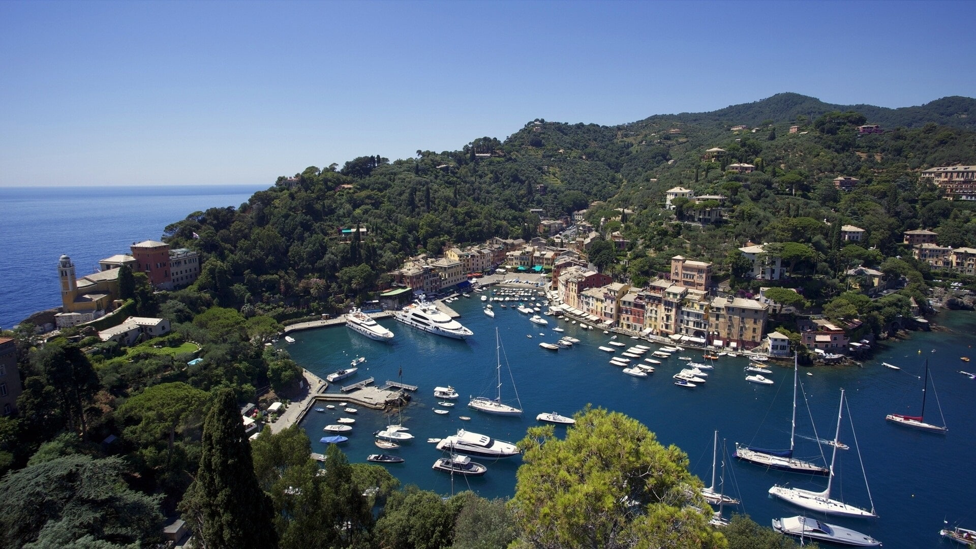 Liguria, Houses, Boats, Blue, Trees, Portofino, Italy, Sea, 1080P, HD Wallpaper