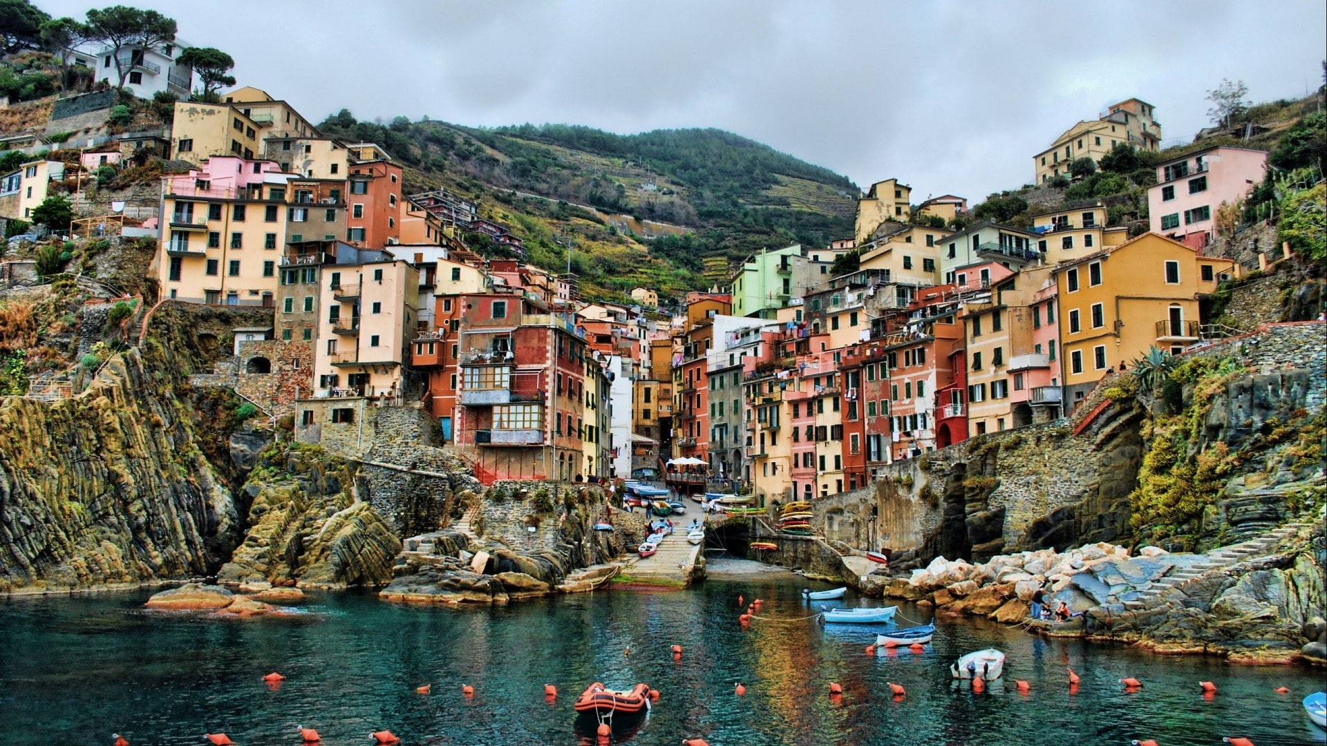 building, colorful, coast, 1080P, boat, Italy, rock, hills, Europe, sea, cliff, HDR, Cinque Terre, house, HD Wallpaper