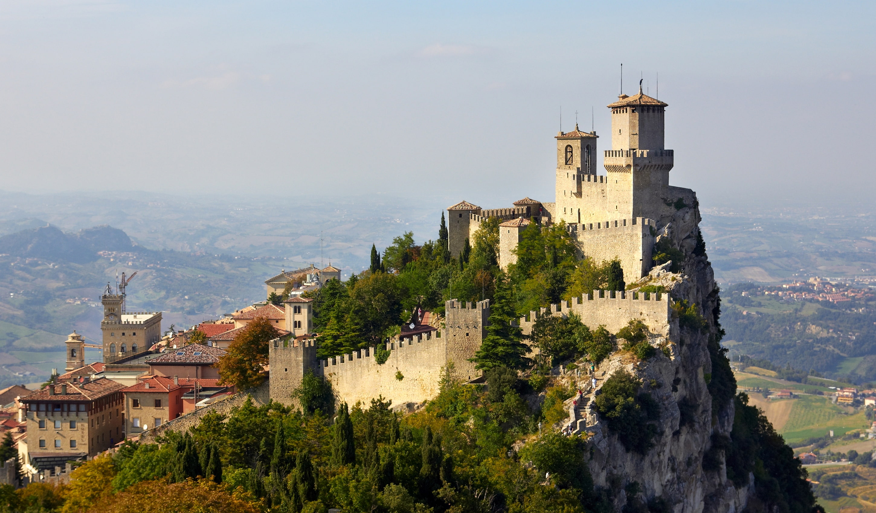 panorama, rocks, San Marino, fortress, Mount Titano, San Marino Historic Centre, mountain, 2K, HD Wallpaper