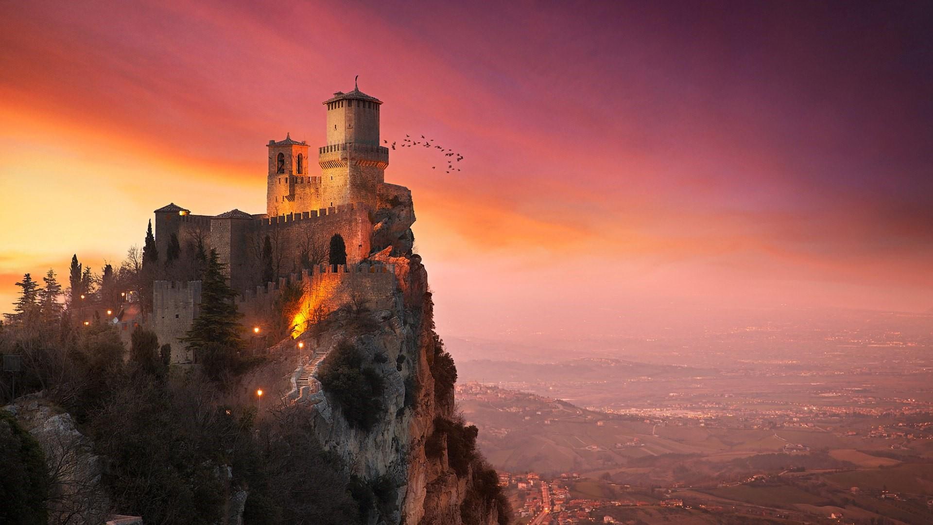 mountain, peak, castle, cloud, morning, sky, monte titano, pink sky, historic, 1080P, building, guaita fortress, dawn, sunrise, tourism, san marino, landmark, HD Wallpaper