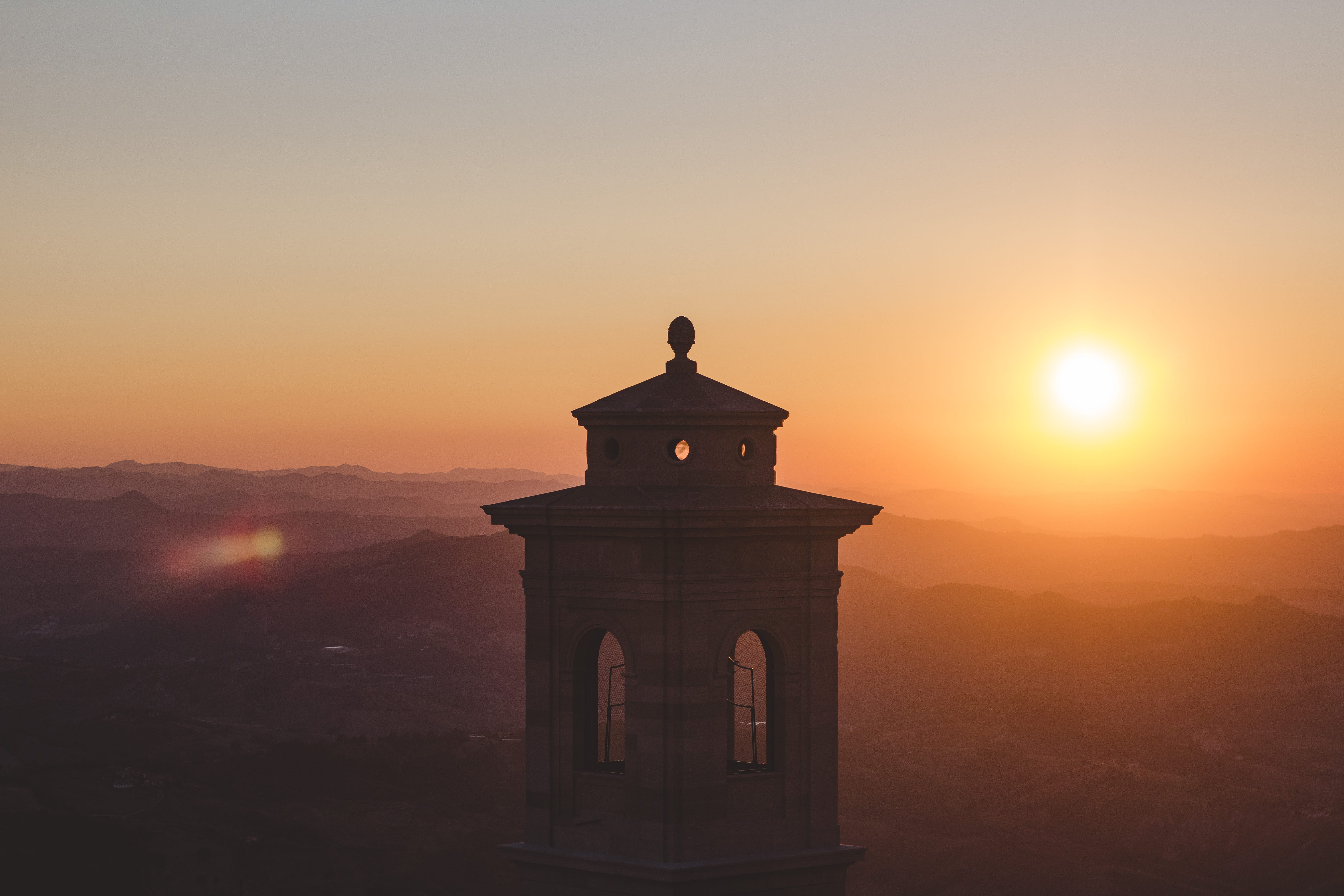 sun, mountain, built structure, lighthouse, architecture, place of worship, italy, scenics - nature, hills, no people, bell tower, tower, sunset, 5K, religion, HD Wallpaper