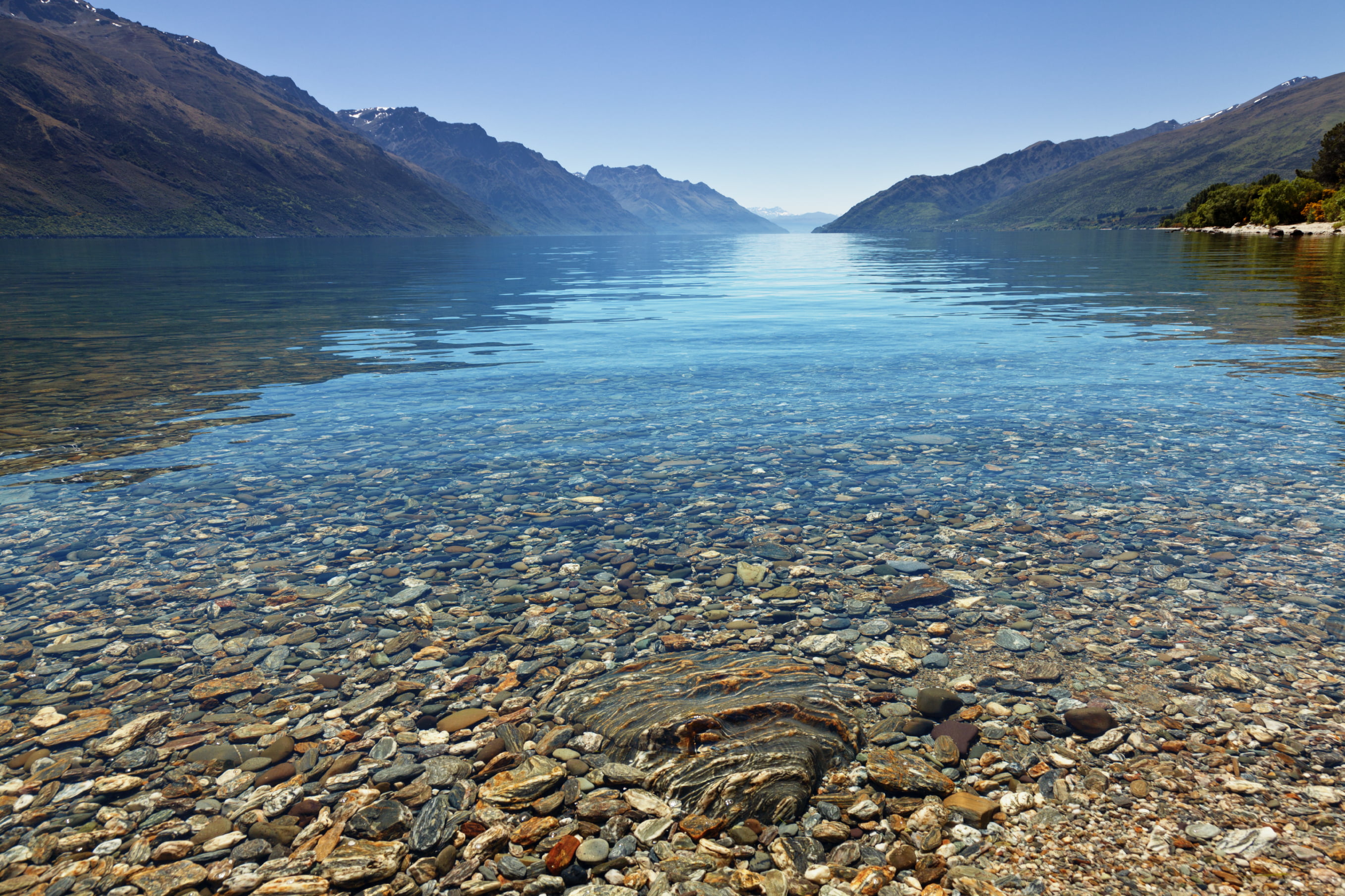 shore, scenic, landscape photography, rocks, scenics, under water, southern  alps, summer, view, destination, beautiful, picturesque, 2K, Remarkables, HD Wallpaper