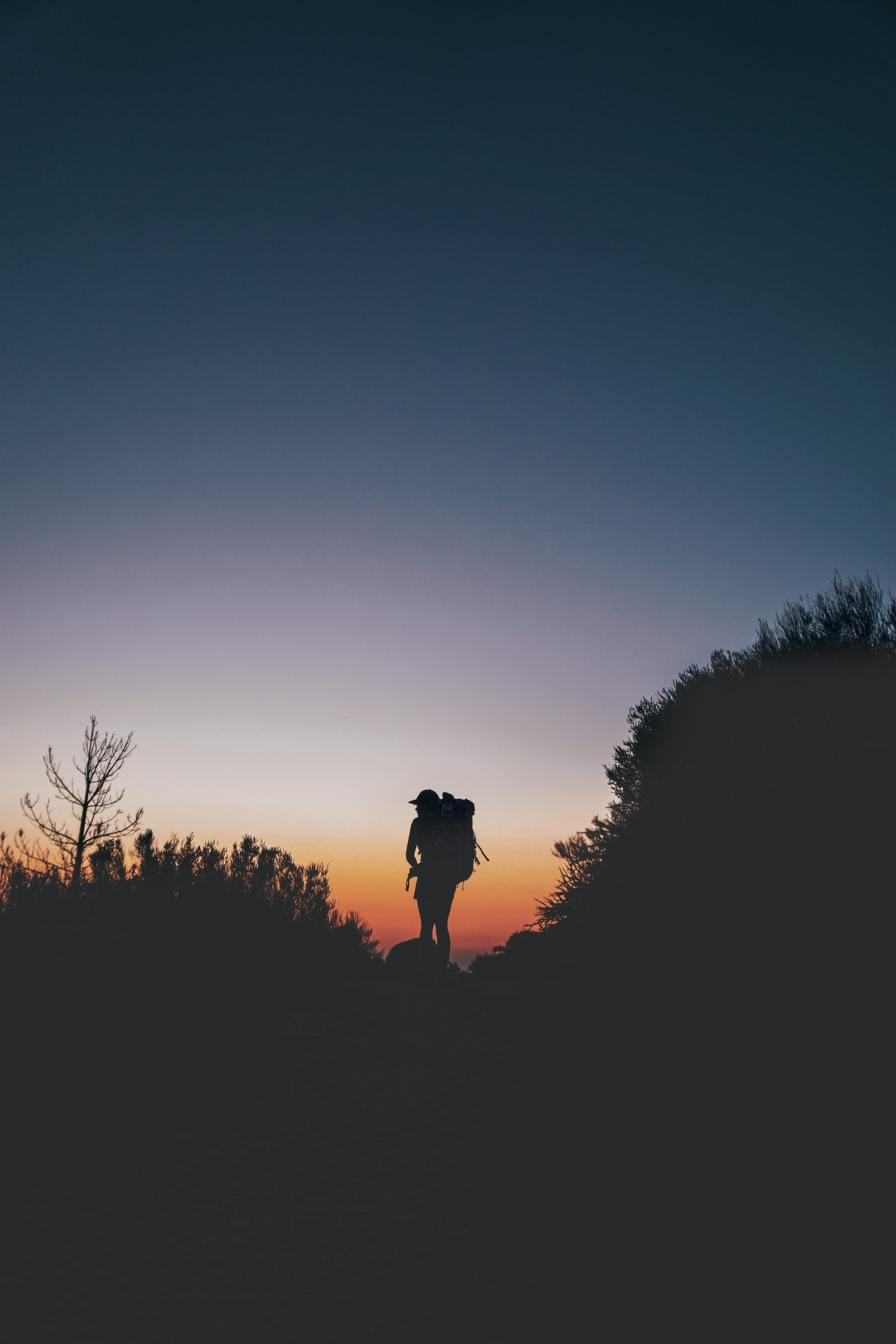 montain, backgrounds, edge, boys, minimalist, outdoors, adventurer, sport, hiking, rock, men, mountain, summer, landscape, forest, back Lit, action, hiker silhouette, Phone HD Wallpaper
