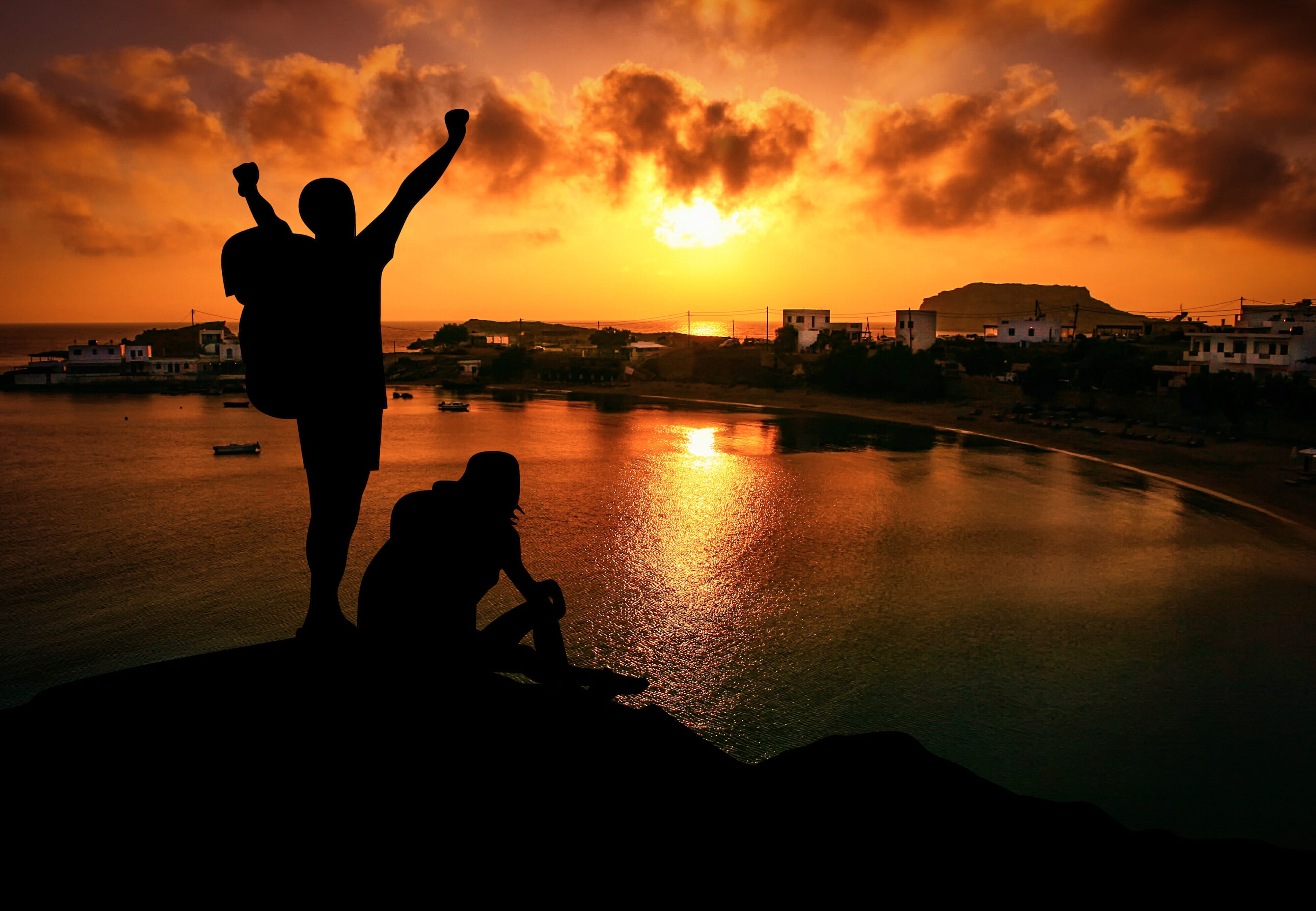 sport, cliff, sunset, silhouettes, arms raised, tourist, hiking, man, two, adventure, cloud - sky, made, architecture, team, climber, nature, men, real people, HD Wallpaper