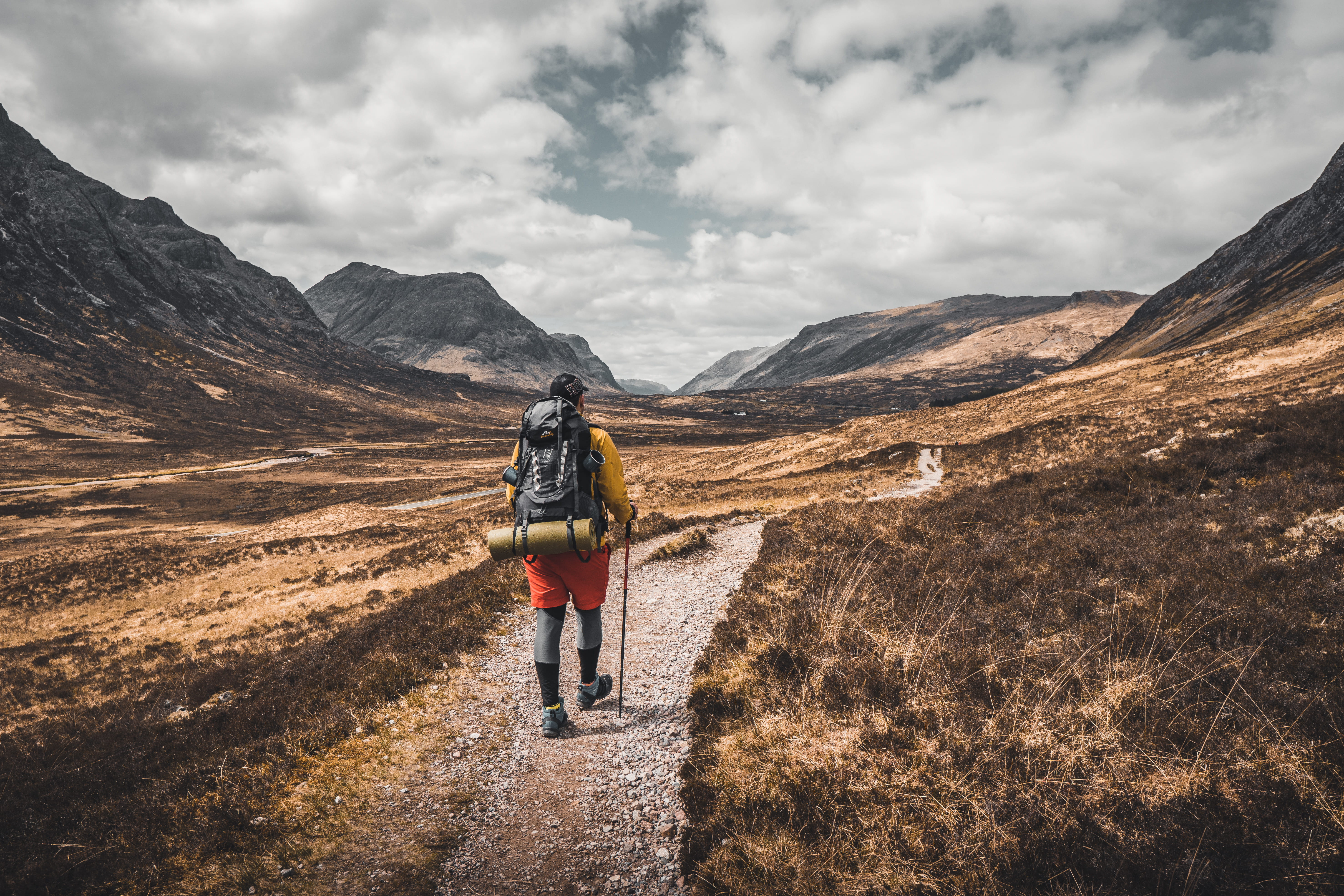 hiking, road, 5K, dirt road, human, travel, one person, fort william, nature, camping, scotland, adventure, hike, environment, beauty in nature, bag, sky, HD Wallpaper