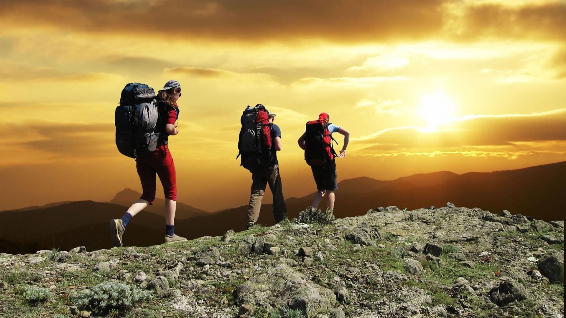sunset, 1080P, hikers, sports, mountain, backpacks, 3d and abstract, HD Wallpaper
