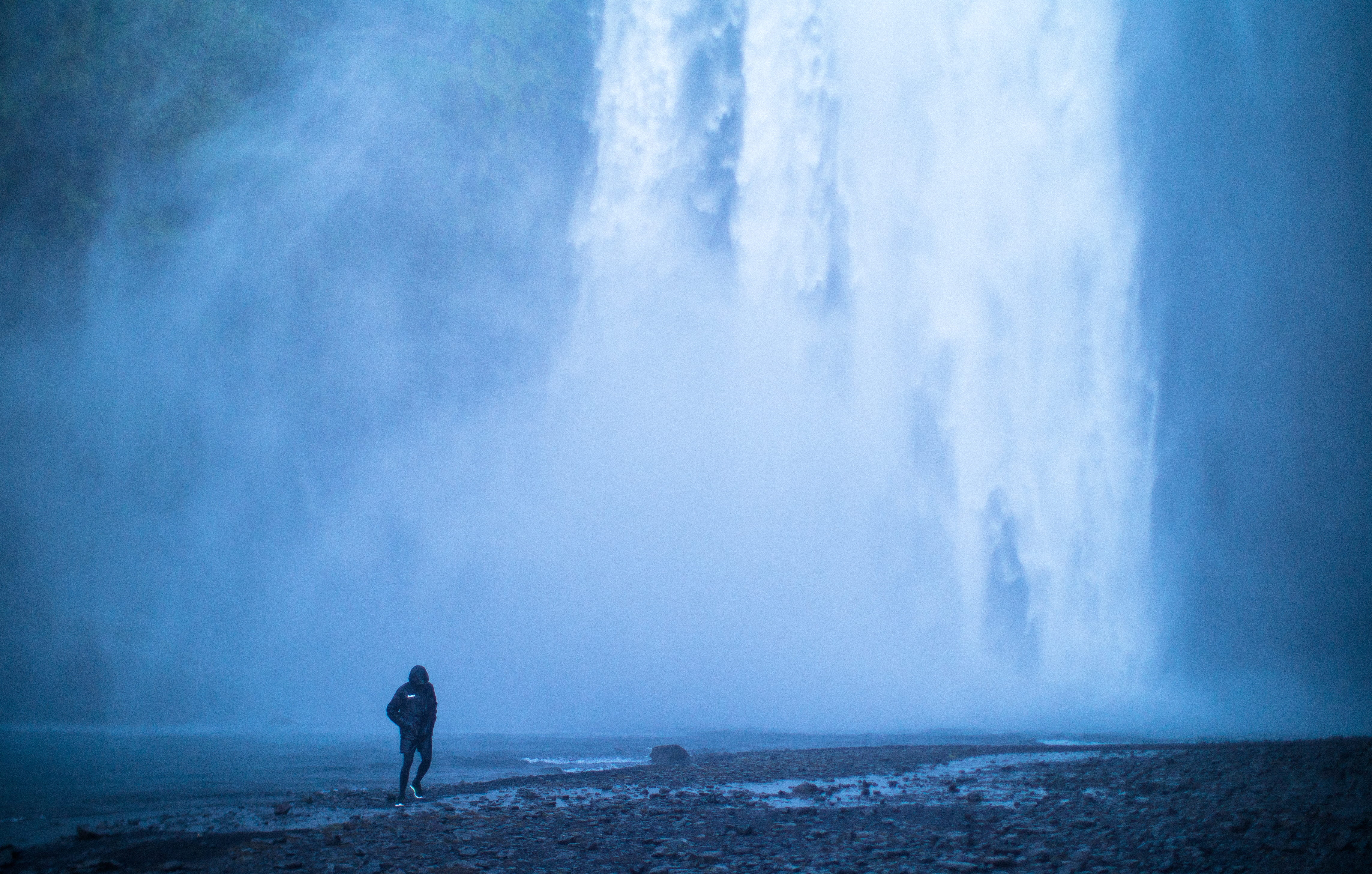 person, backpacking, silhouette, walking, landscape, blue, fog, rain, one person, seashore, iceland, water, scenics - nature, full length, environment, HD Wallpaper