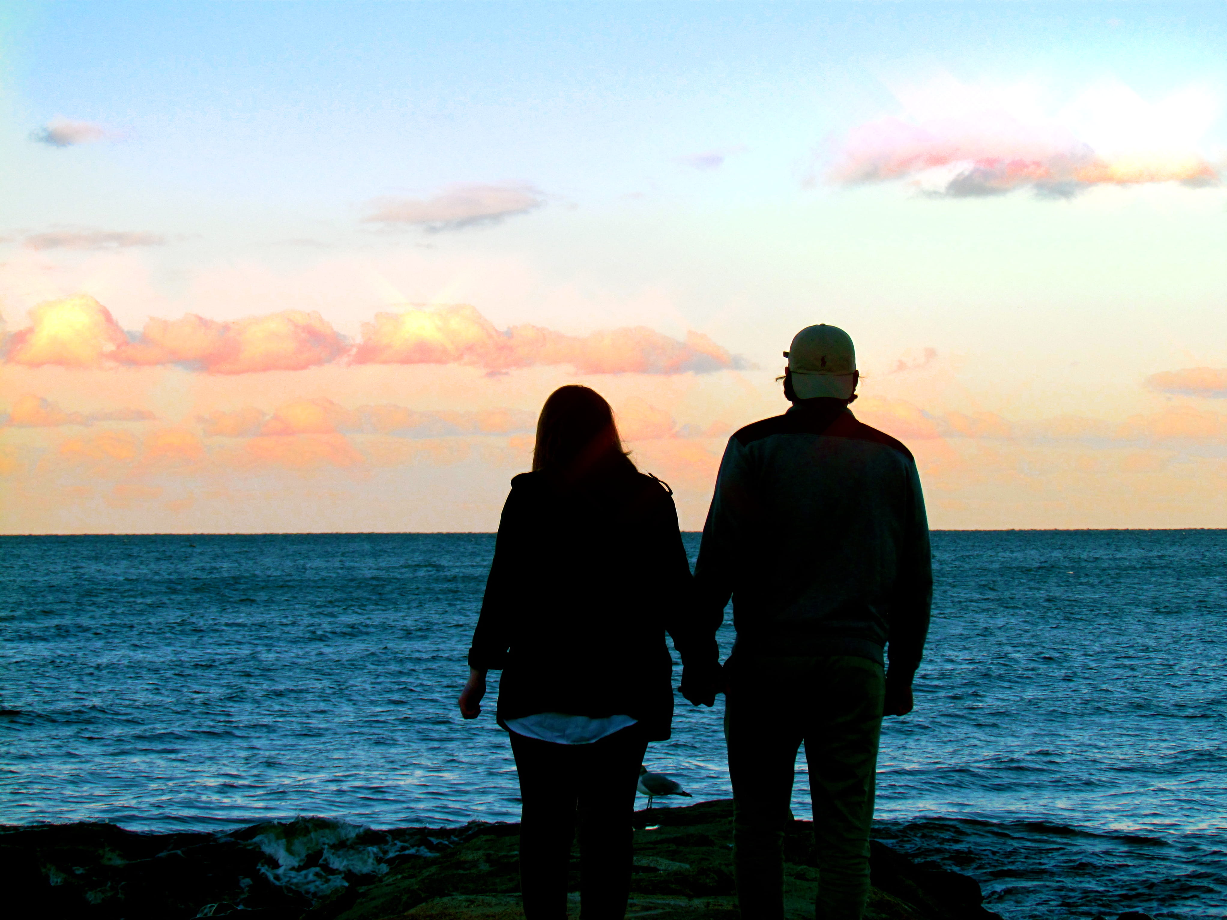 silhouette, scenics - nature, cloud - sky, beach, leisure activity, friends, holding hands, 4K, real people, sunset, together, romantic, two people, standing, HD Wallpaper