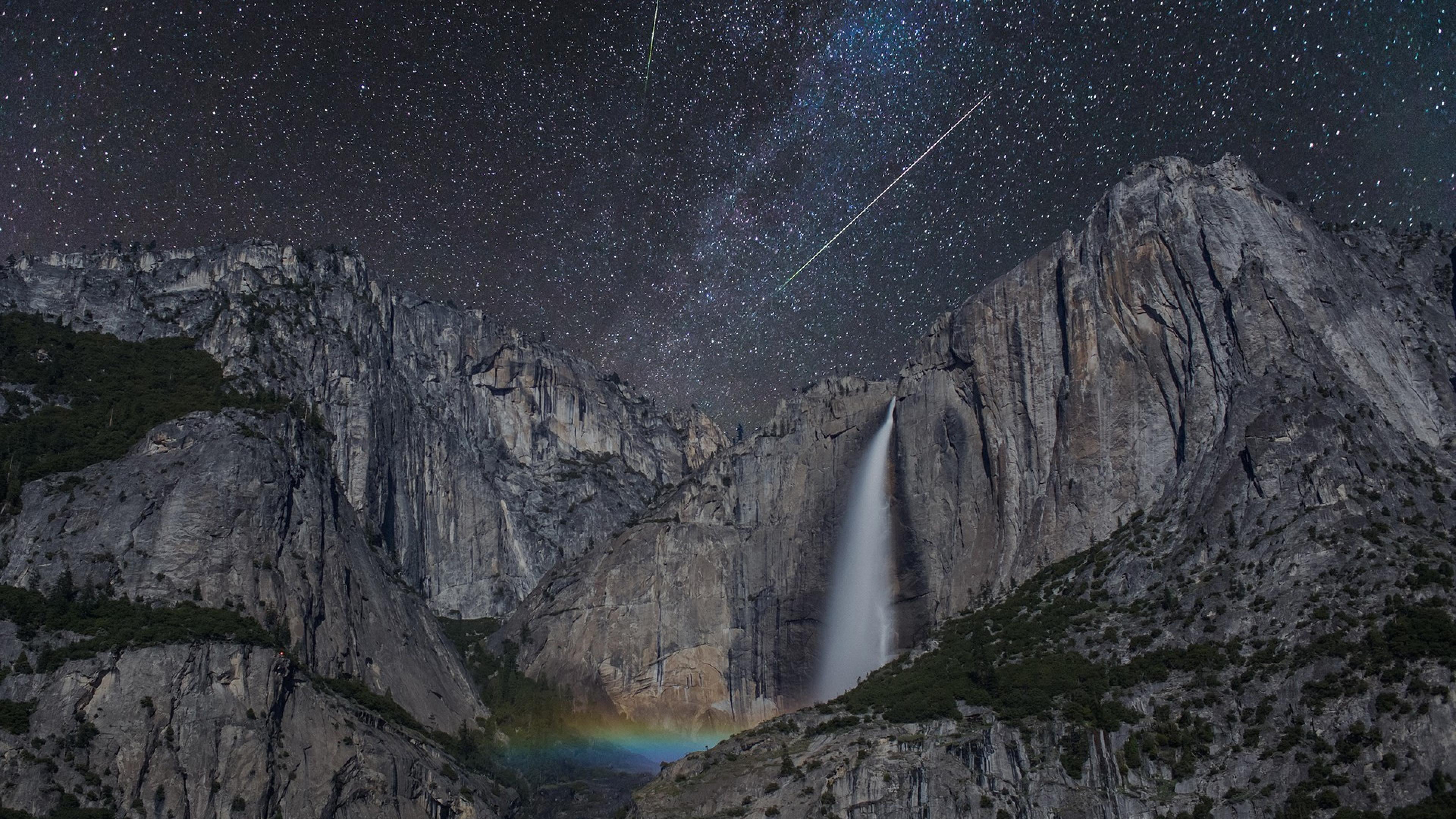 nature, beauty in nature, non-urban scene, star - space, waterfall, rock, idyllic, meteor, mountain range, milky way, mountain, galaxy, flowing water, cliff, HD Wallpaper