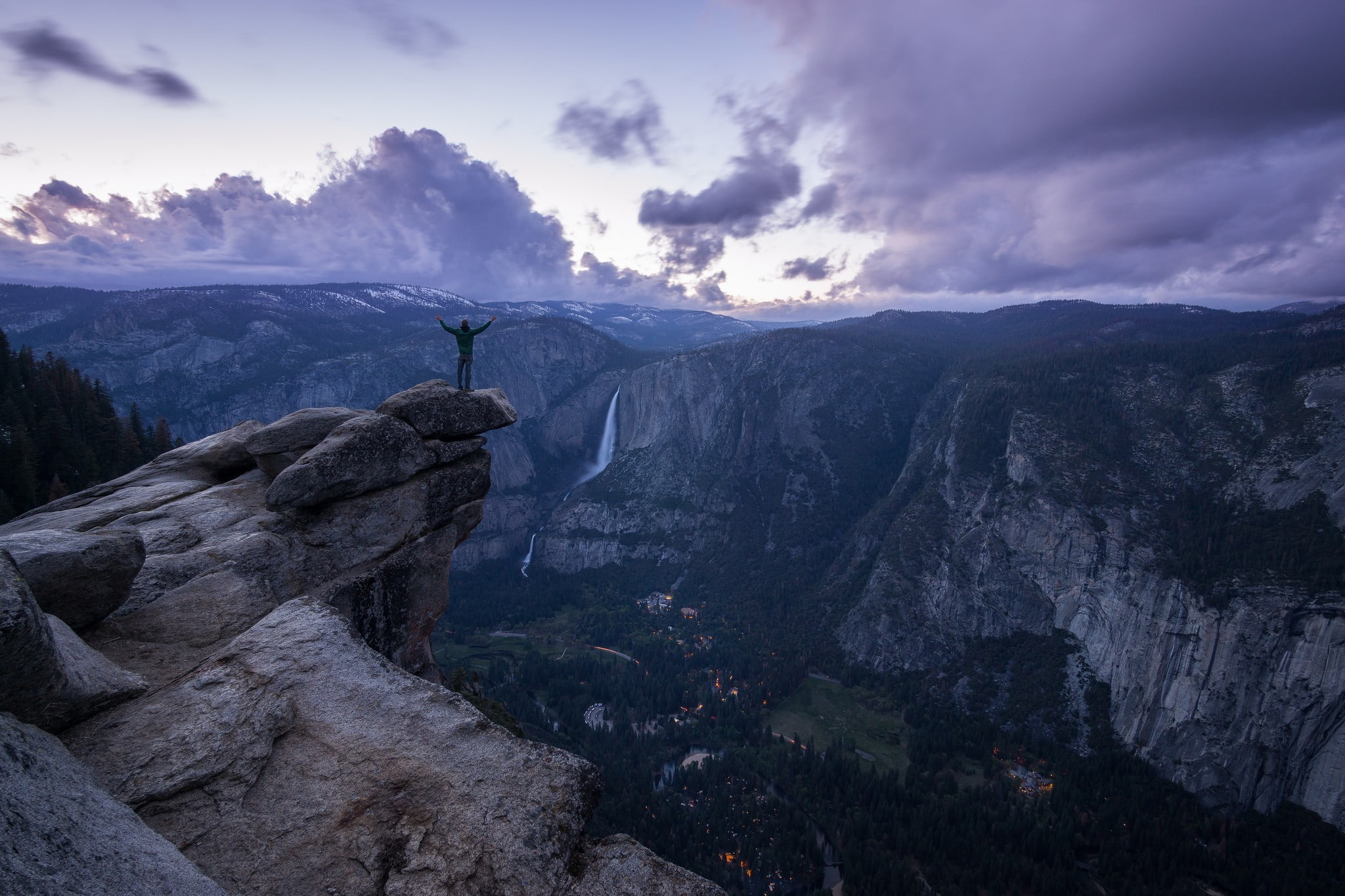 water, men, landscape, rocks, trees, purple, Yosemite Falls, 1080P, watering, clouds, alone, HD Wallpaper