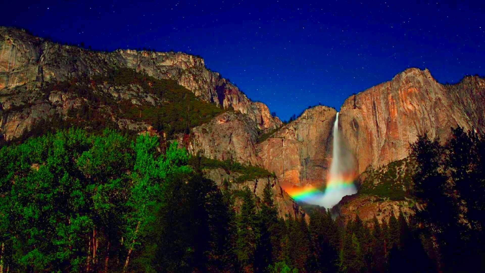 stars, night, rainbow, 1080P, trees, falls, yosemite, starry, mountain, nature and landscapes, HD Wallpaper