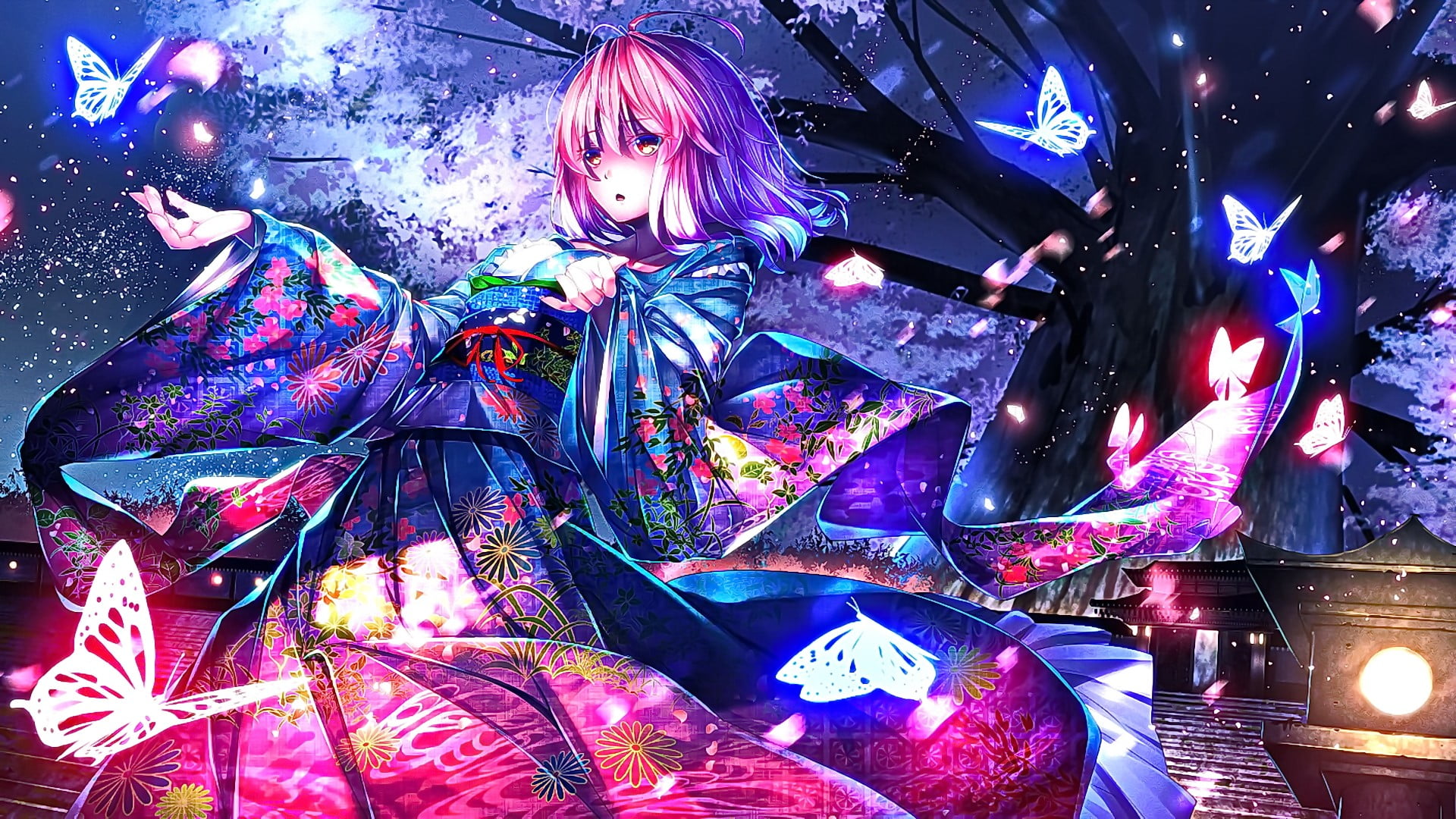 night, christmas lights, pink hair, anime, long hair, 1080P, one person, real people, nightlife, cherry blossom, decoration, indoors, Touhou, women, arts culture and entertainment, HD Wallpaper