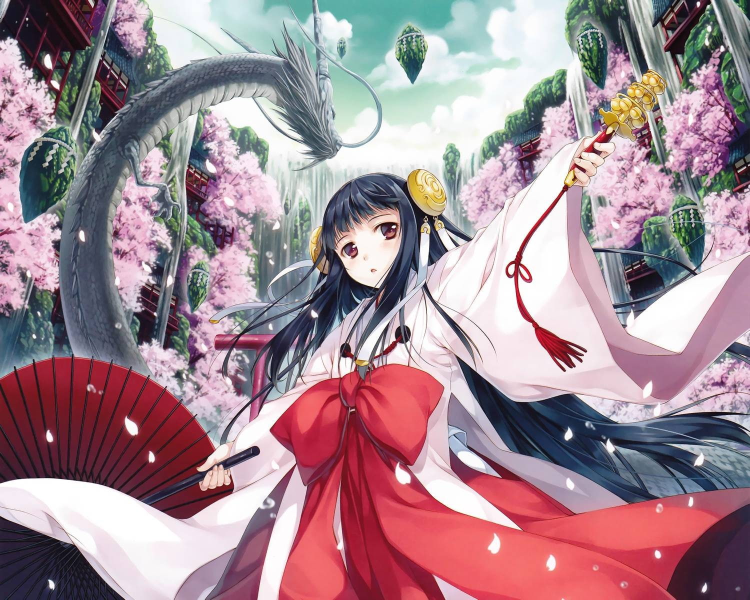 miko, anime girls, 720P, dragon, Japanese clothes, cherry blossom, original characters, HD Wallpaper