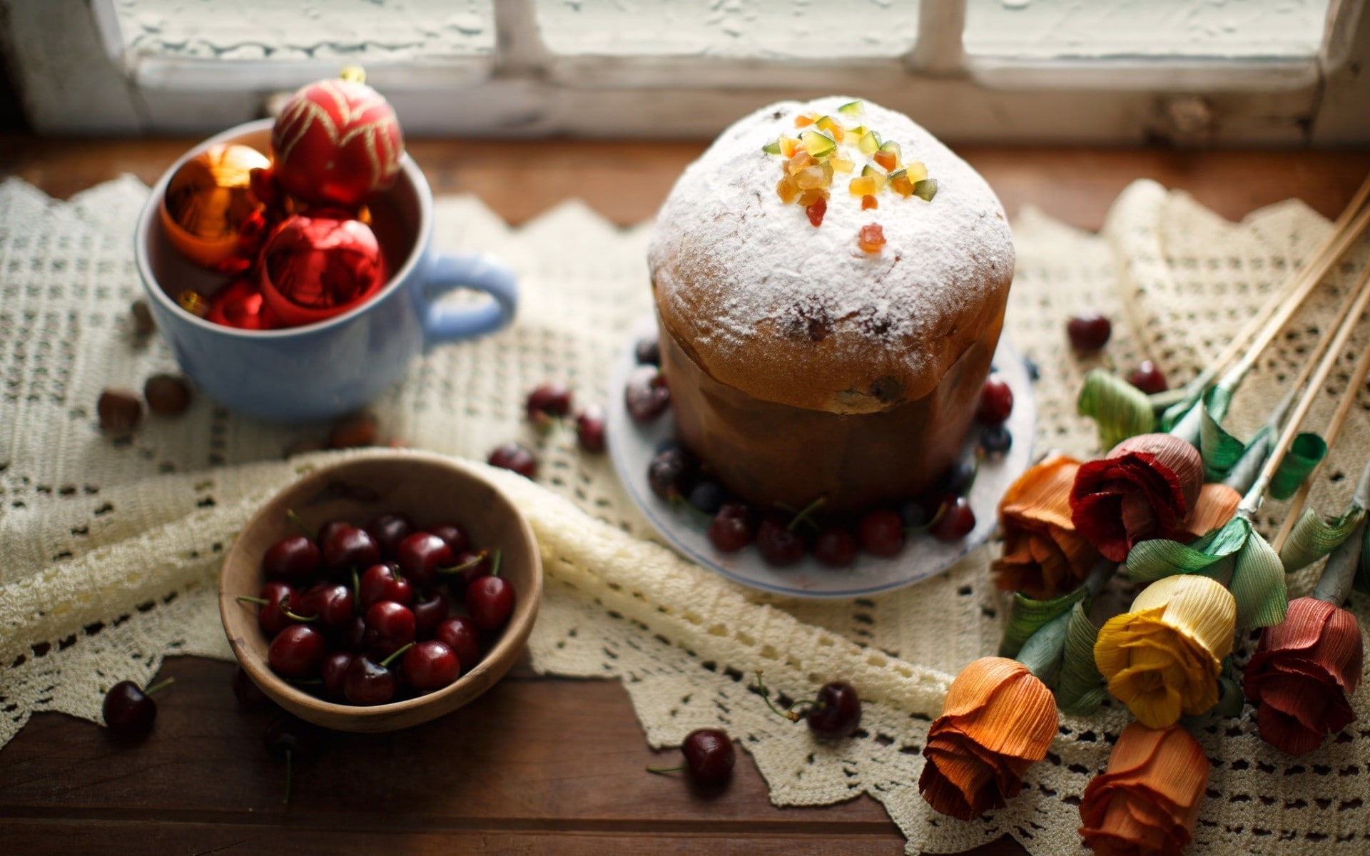cherries, dessert, tablecloths, cake, depth of field, flowers, Christmas ornaments, food, Christmas, 1080P, HD Wallpaper