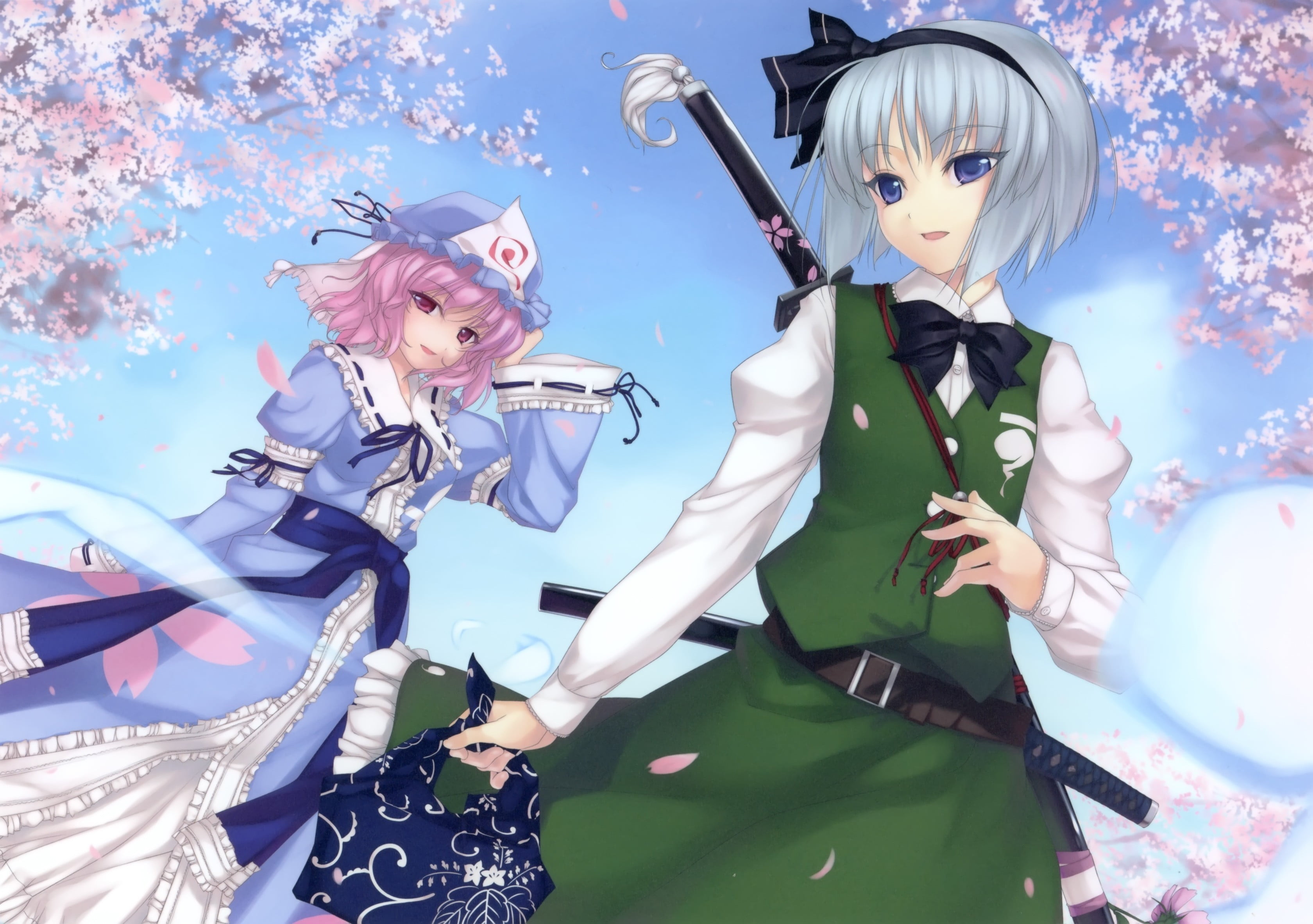 representation, hat, clothing, cherry blossom, gray hair, young women, petals, hair band, Japanese clothes, open mouth, dress, anime girls, sword, video games, HD Wallpaper
