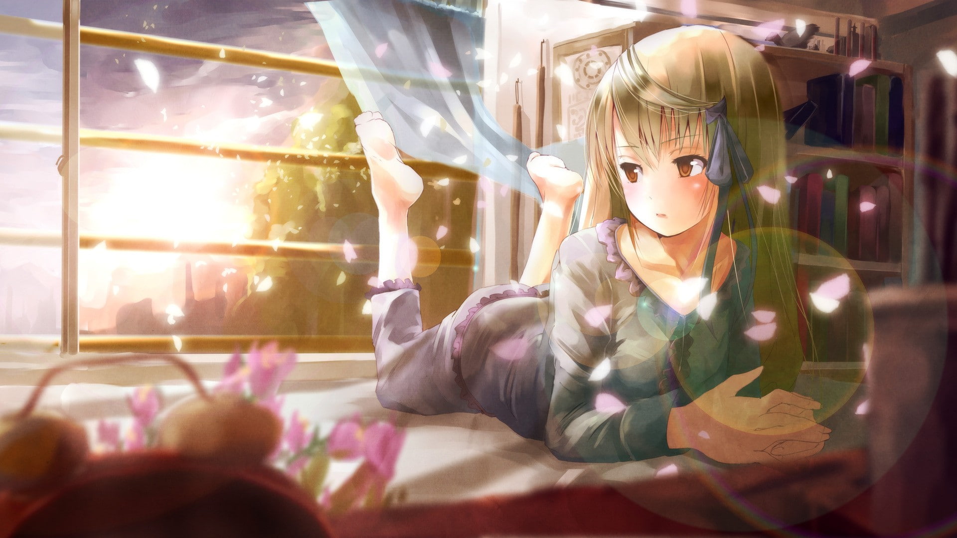 cherry blossom, long hair, 1080P, anime girls, bedroom, Senri Akane, hair ornament, window, bed, blonde, petals, Rewrite, barefoot, anime, flowers, lying on front, HD Wallpaper