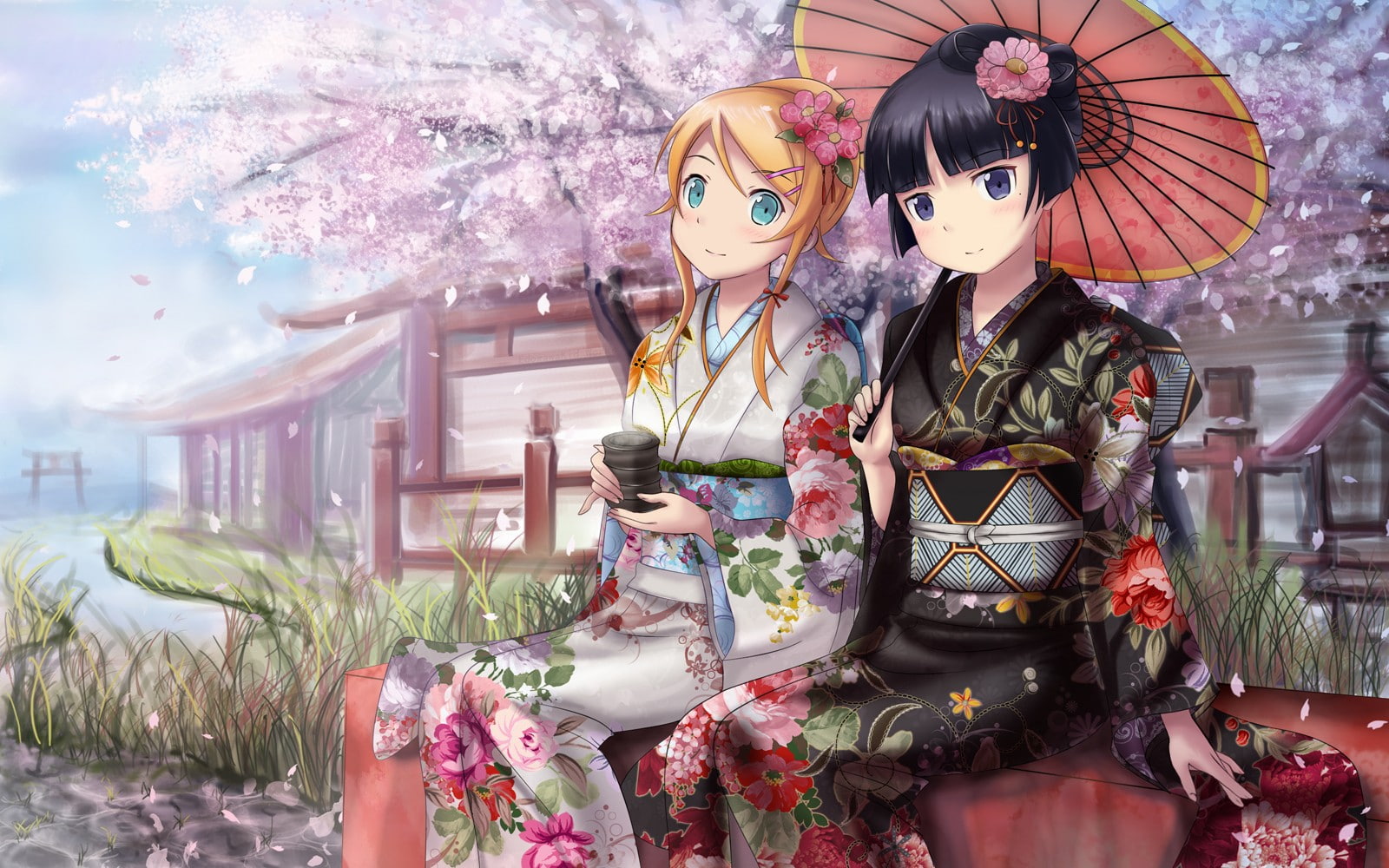 day, kimono, flowers, built structure, Kousaka Kirino, festival, blue eyes, sculpture, tree, cherry blossom, Gokou Ruri, Asian architecture, short hair, HD Wallpaper