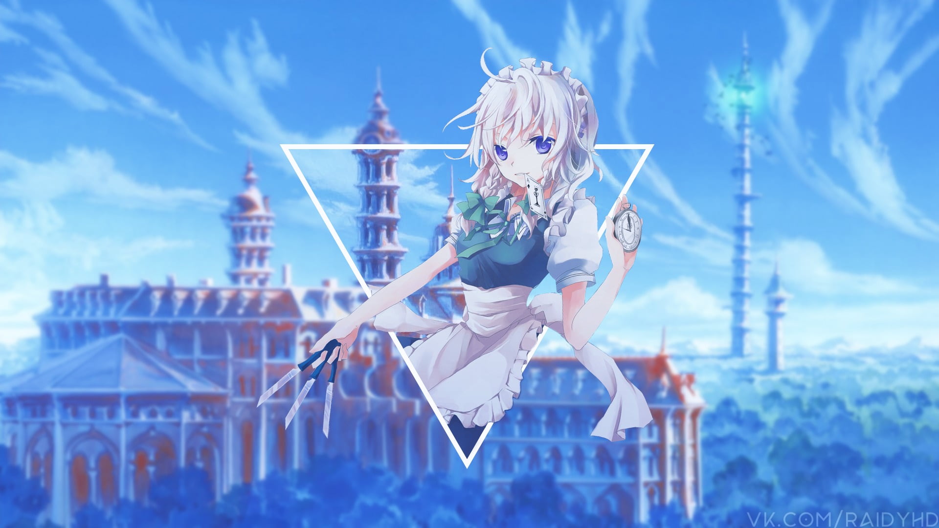 one person, leisure activity, full length, day, 1080P, Touhou, Izayoi Sakuya, front view, architecture, cloud - sky, cyan, picture-in-picture, sky, outdoors, HD Wallpaper