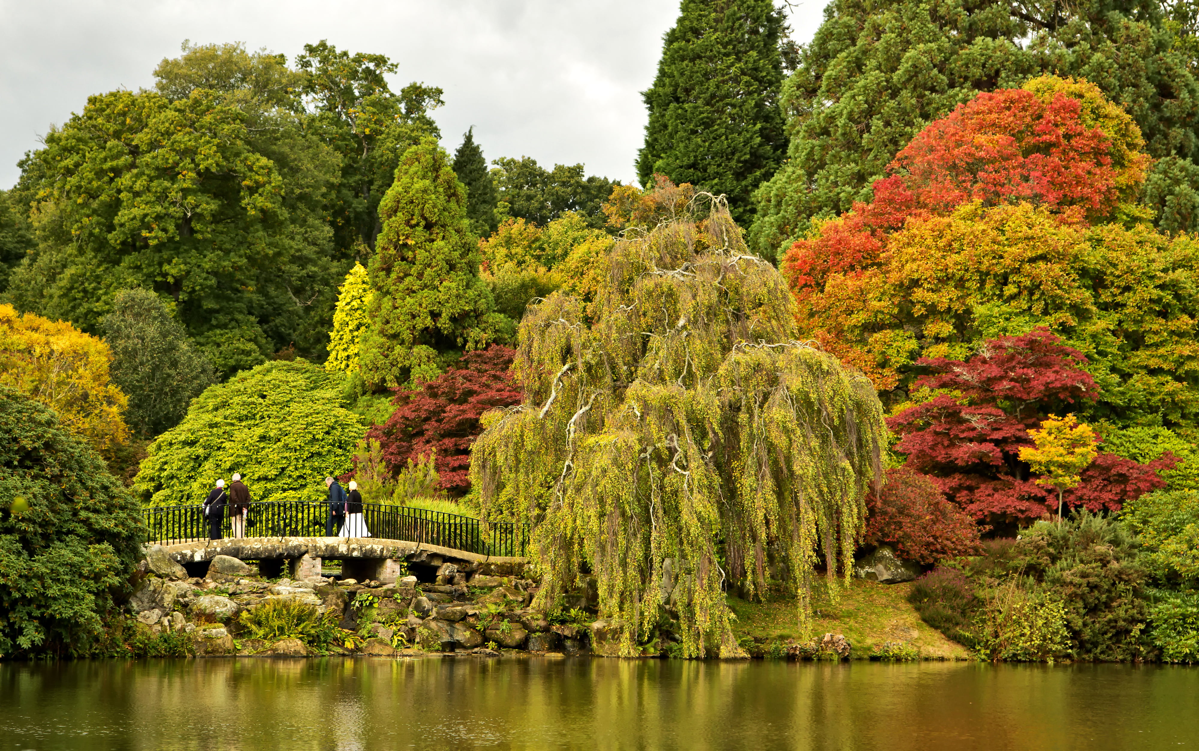 UK, autumn, day, water, nature, tree, stones, lake, tranquil scene, sky, outdoors, Park, tranquility, park - man made space, green color, waterfront, bridge, HD Wallpaper