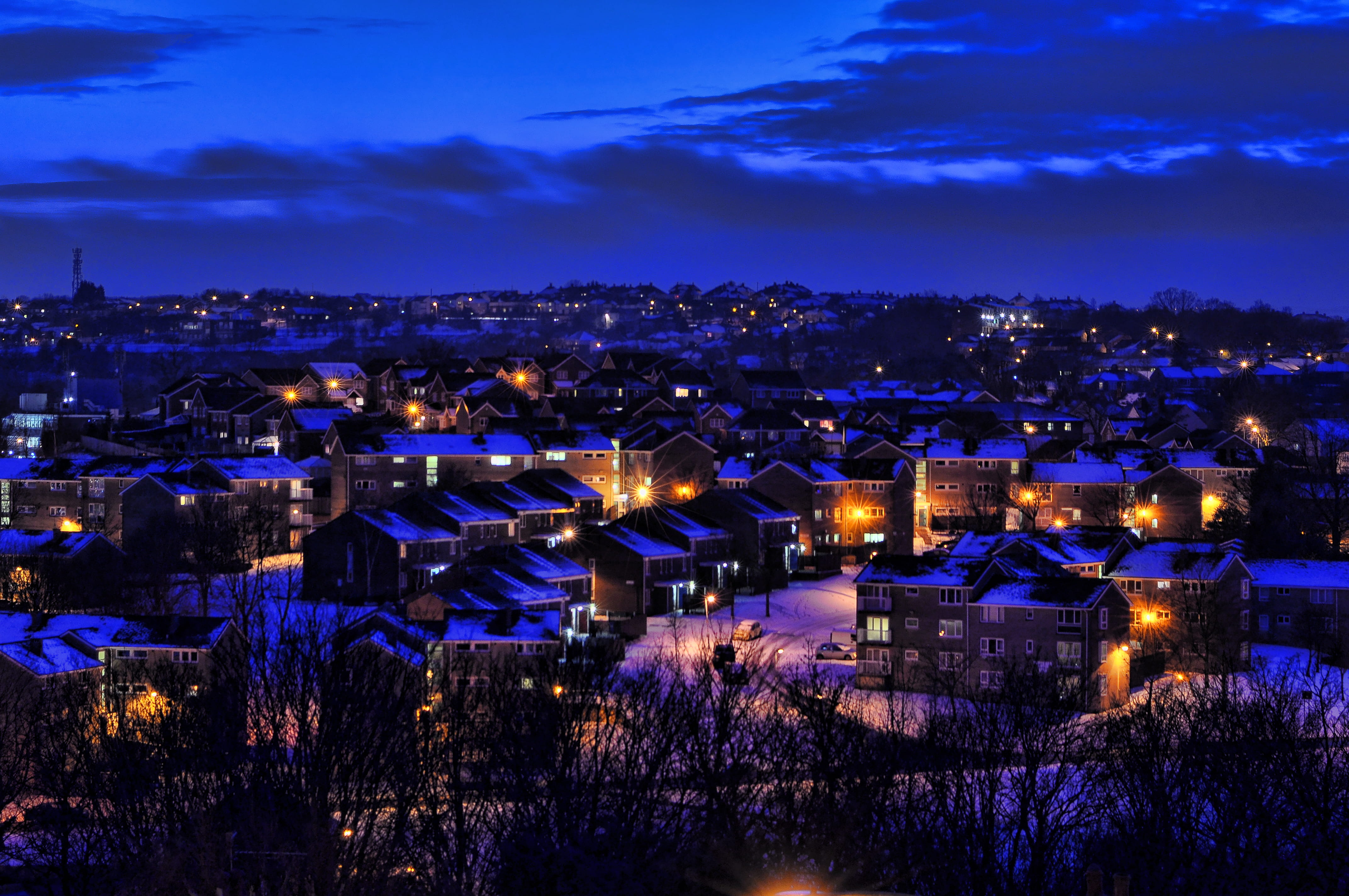 residential district, city life, town, winter, dusk, illuminated, cityscape, building exterior, nightlife, nature, houses, cloud - sky, blue, sheffield, HD Wallpaper