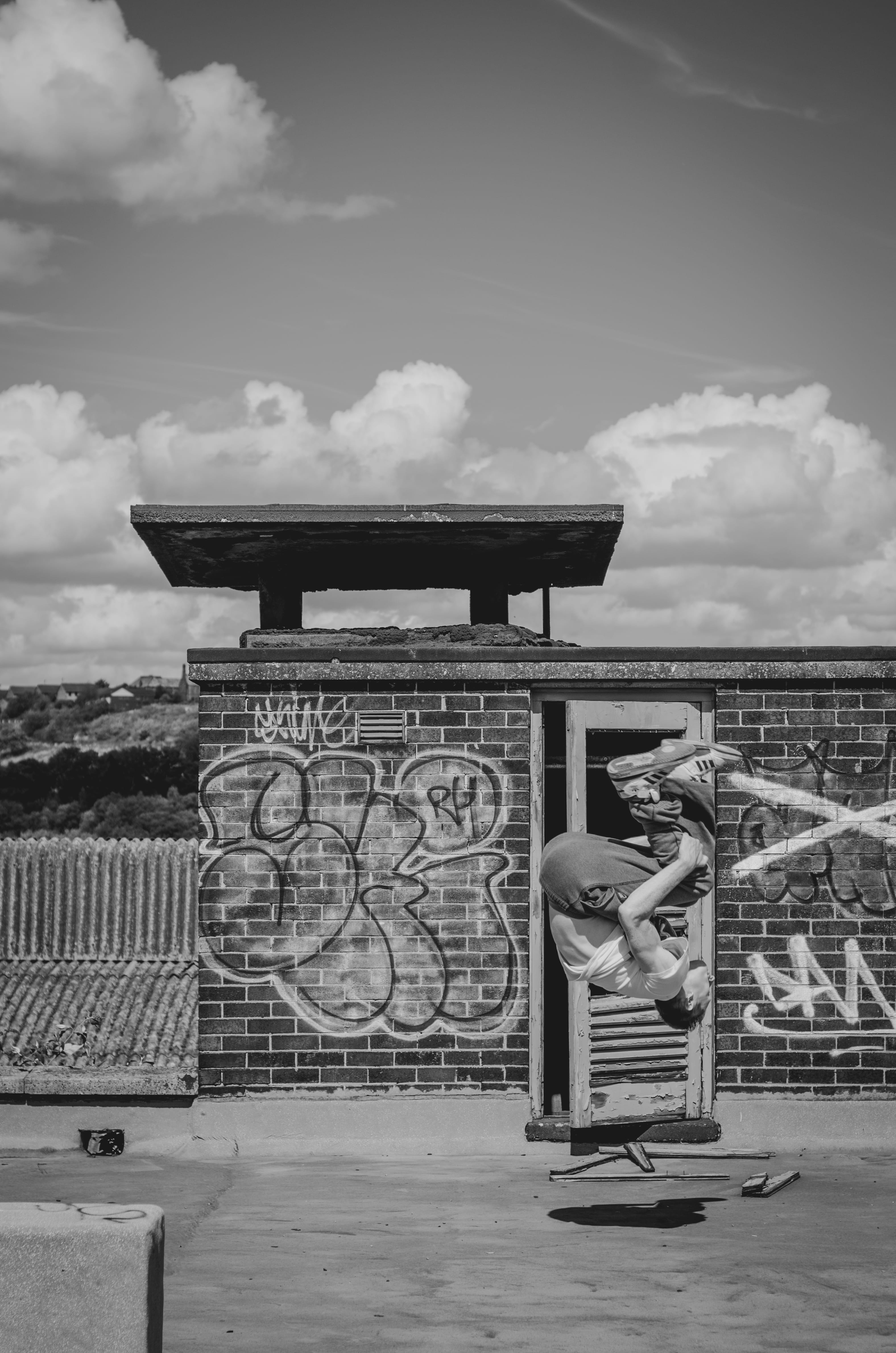 tricking, backflip, cloud - sky, art and craft, history, architecture, bench, no people, running, craft, built structure, railing, belief, nature, day, Phone HD Wallpaper