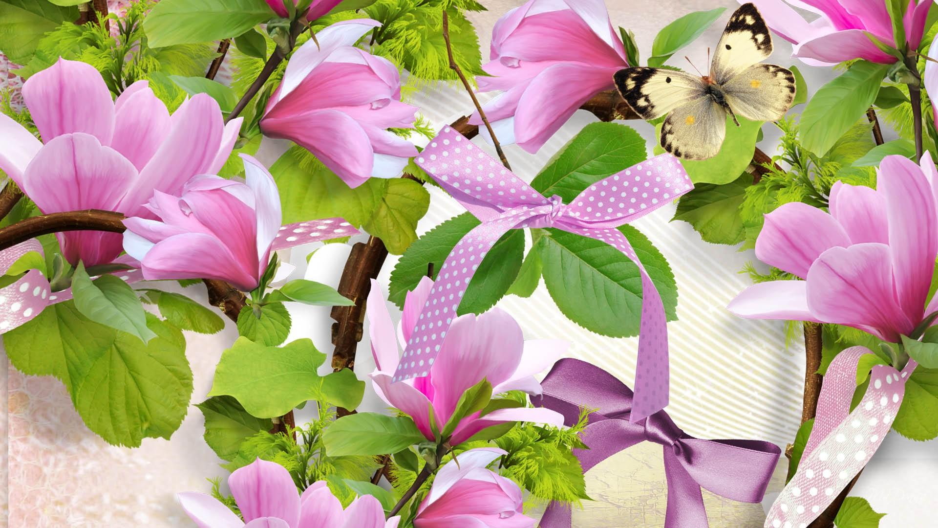 ribbons, firefox persona, blooms, summer, magnolias, magnolia, south, 3d and abstract, pink, 1080P, flower, HD Wallpaper