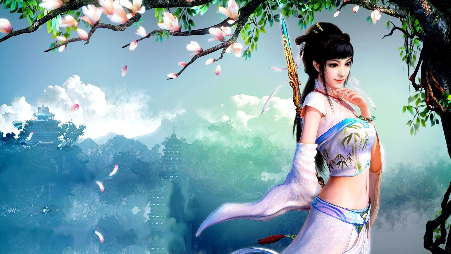 Girl, Fantasy, outdoors, looking at camera, fashion, nature, plant, Asian, 1080P, Magnolia, Woman Warrior, Sword, lifestyles, tree, young women, adult, HD Wallpaper