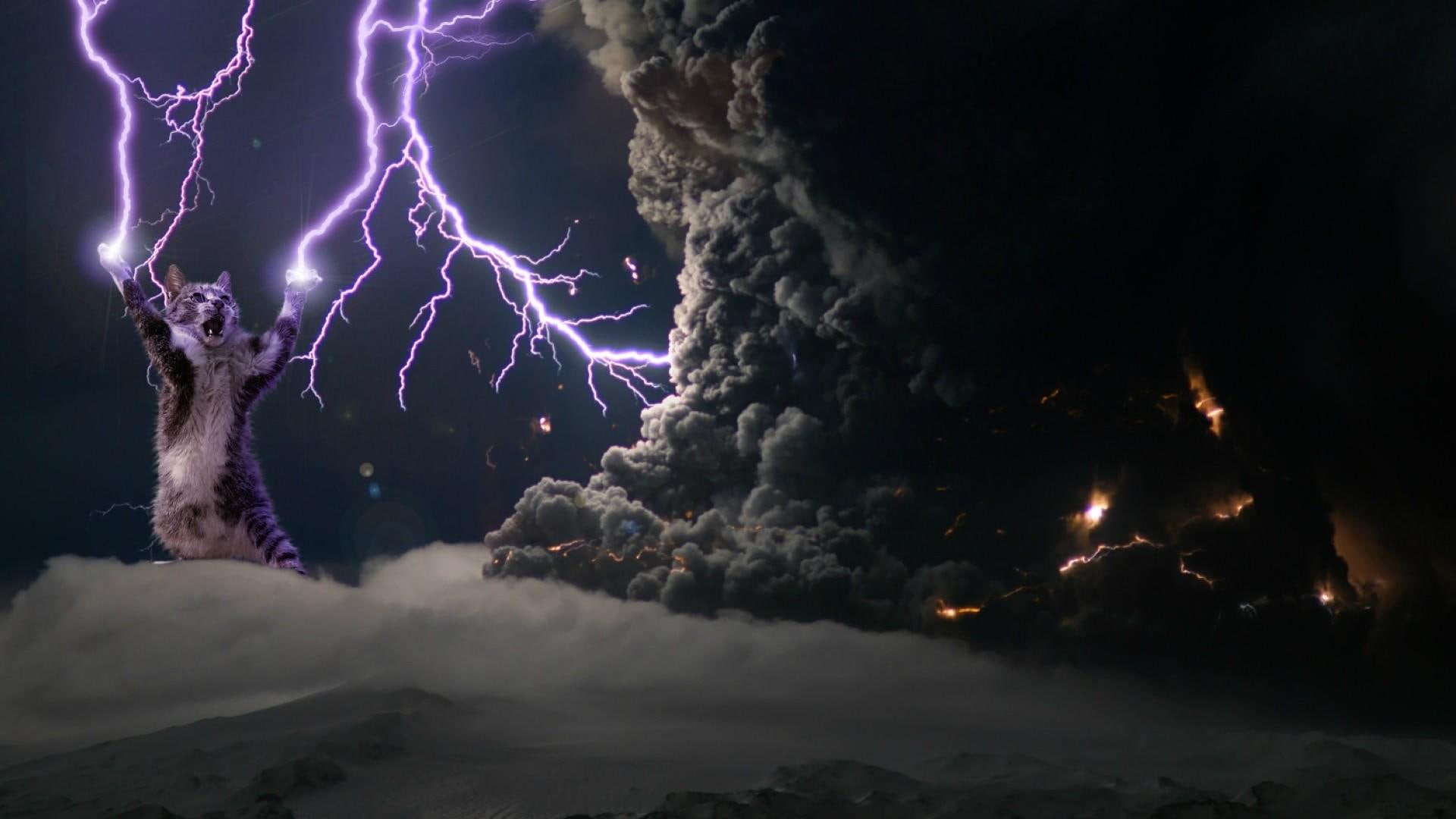 lightning, god, smoke, 1080P, cat, HD Wallpaper