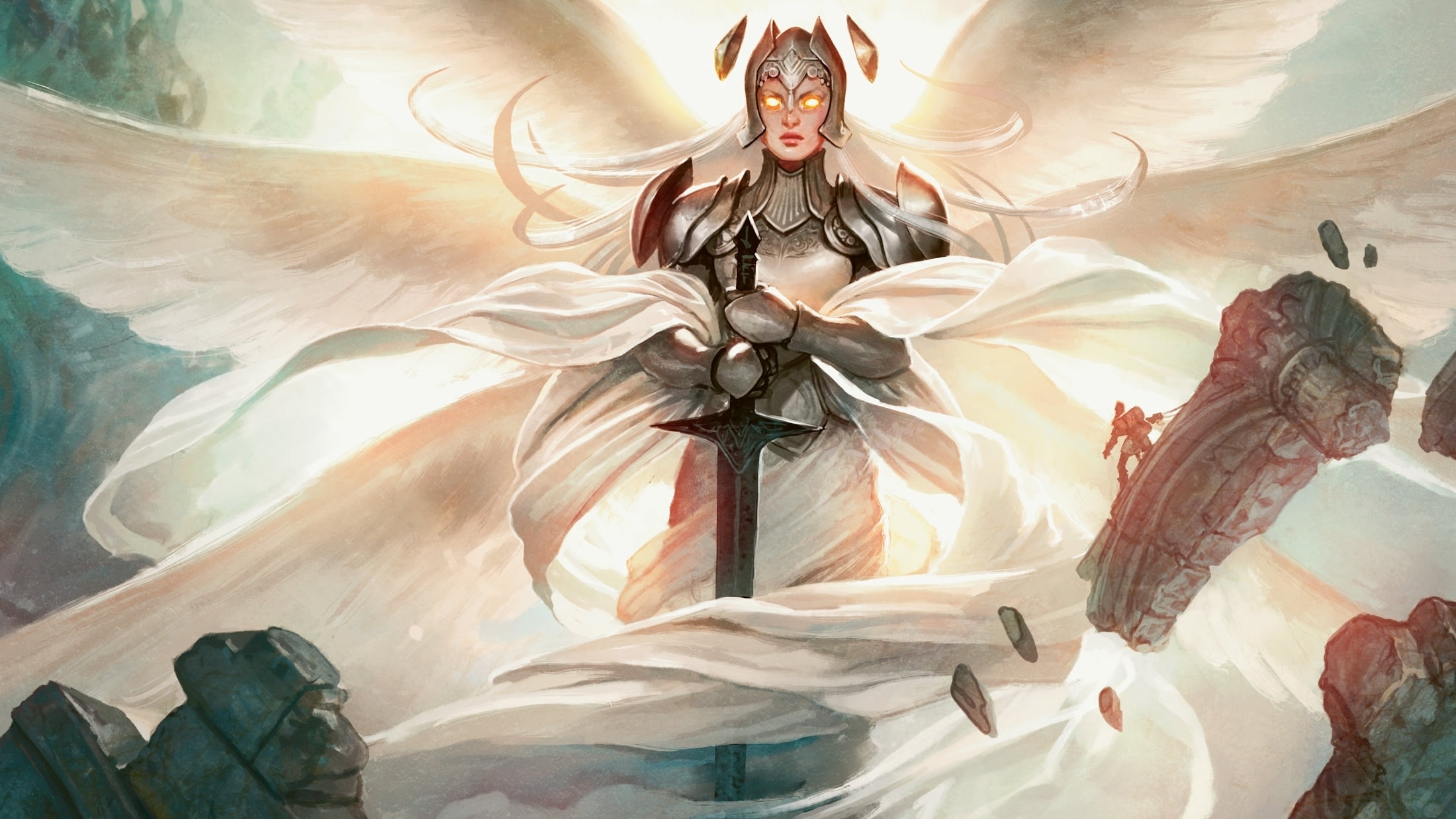 indoors, creativity, statue, sculpture, Magic The Gathering, religion, holding, belief, male likeness, craft, wings, 1080P, painted image, sword, HD Wallpaper