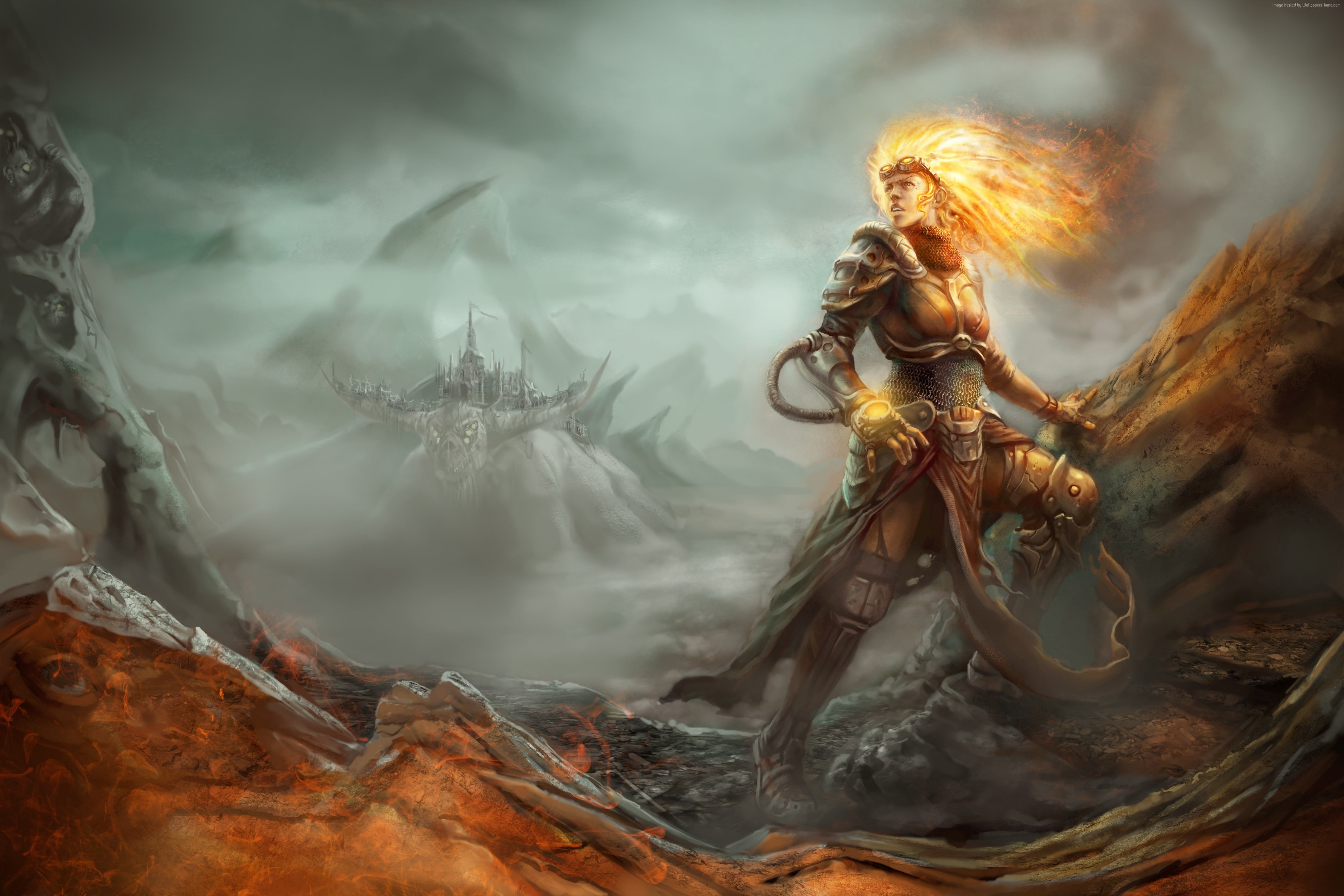 indoors, women, author artwork, witch, Chandra Nalaar, adult, RPG, water, creativity, blurred motion, digital composite, 4K, people, arts culture and entertainment, HD Wallpaper