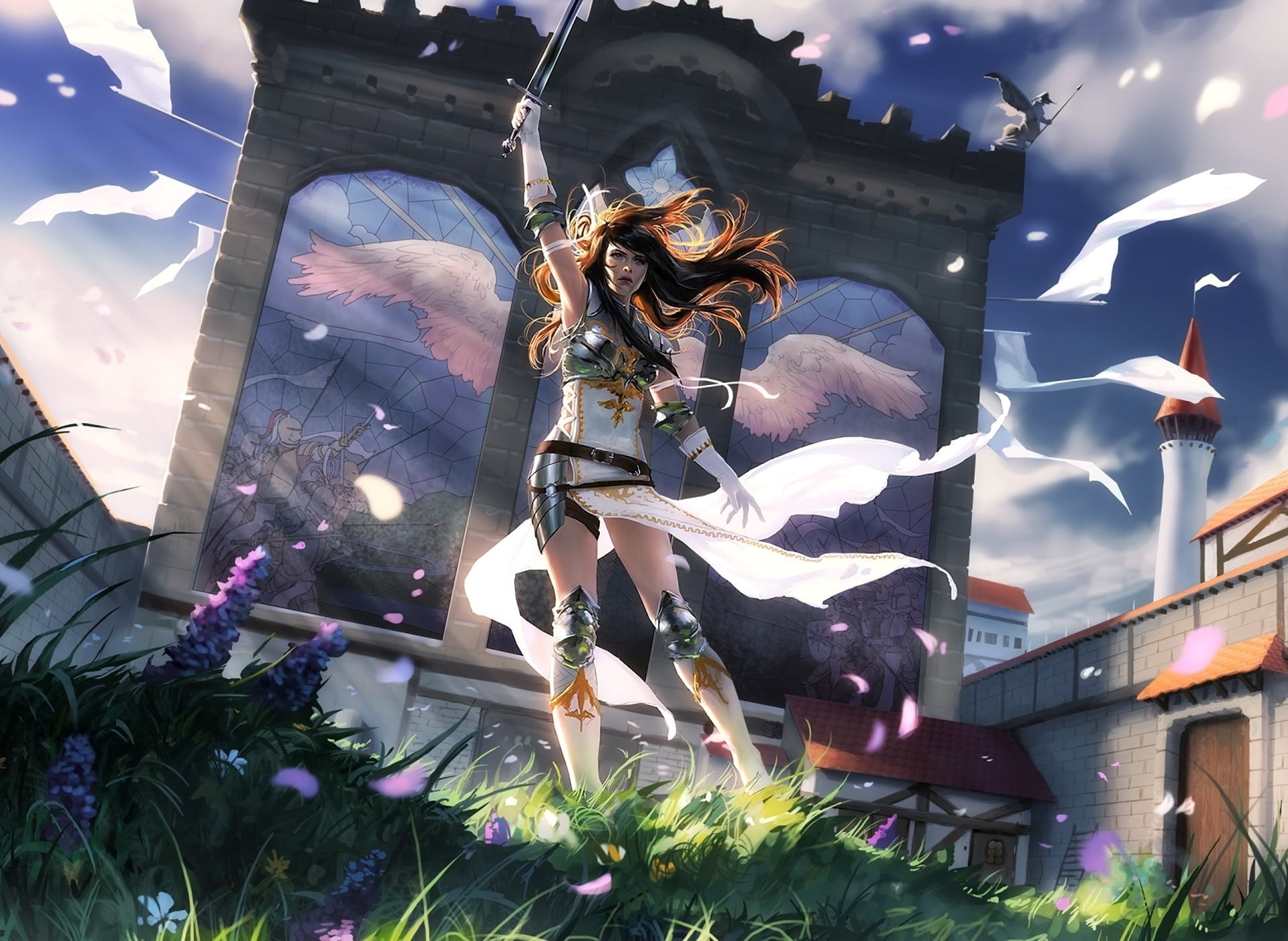 hair, female likeness, girl, nature, warrior, sword, spirituality, male likeness, art and craft, representation, long hair, sculpture, artwork, low angle view, HD Wallpaper