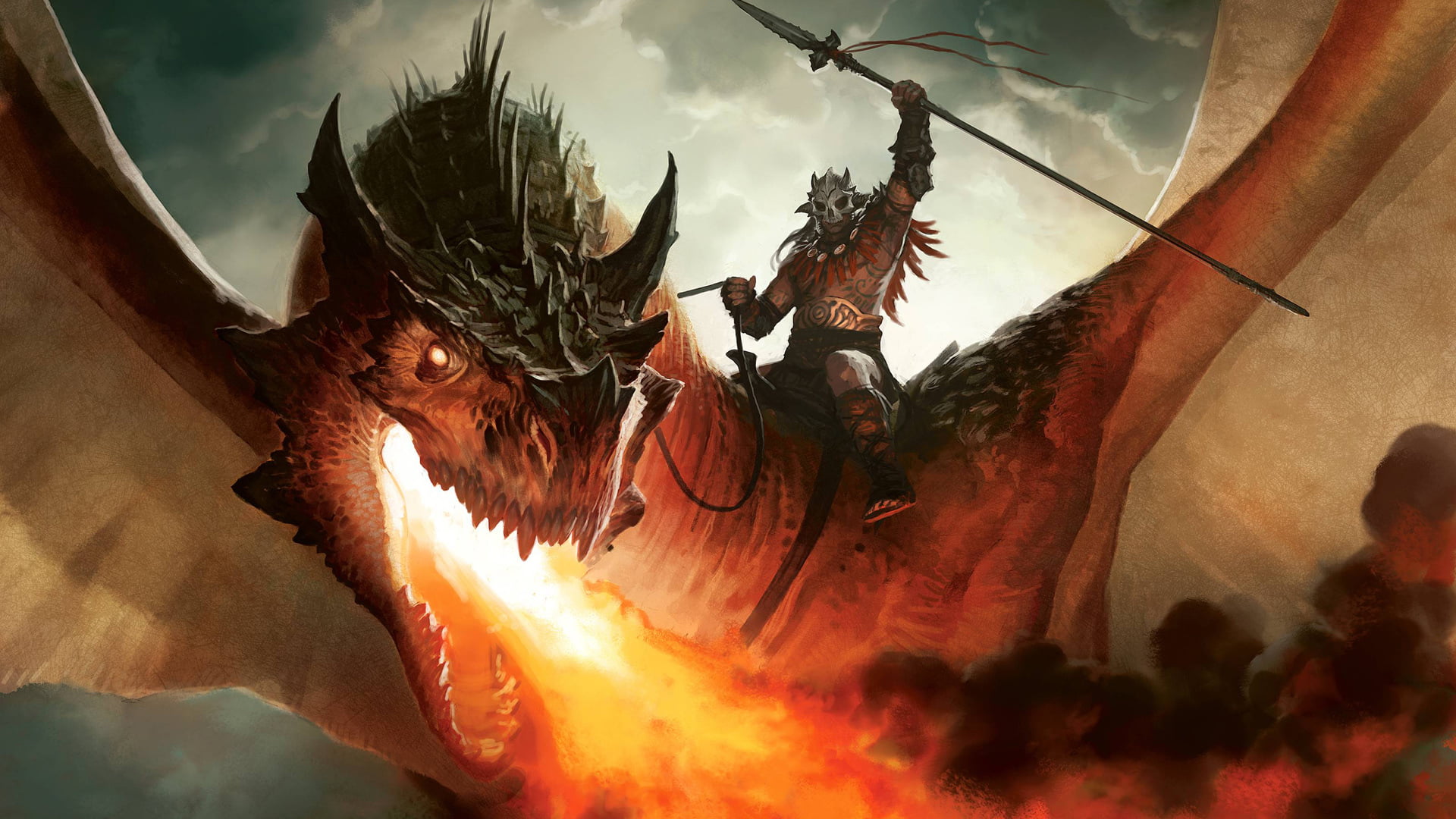 art, plant part, Magic: the Gathering, warrior, spear, illustration, backgrounds, rider, animal themes, leaf, red, cultures, orange Color, selective focus, HD Wallpaper