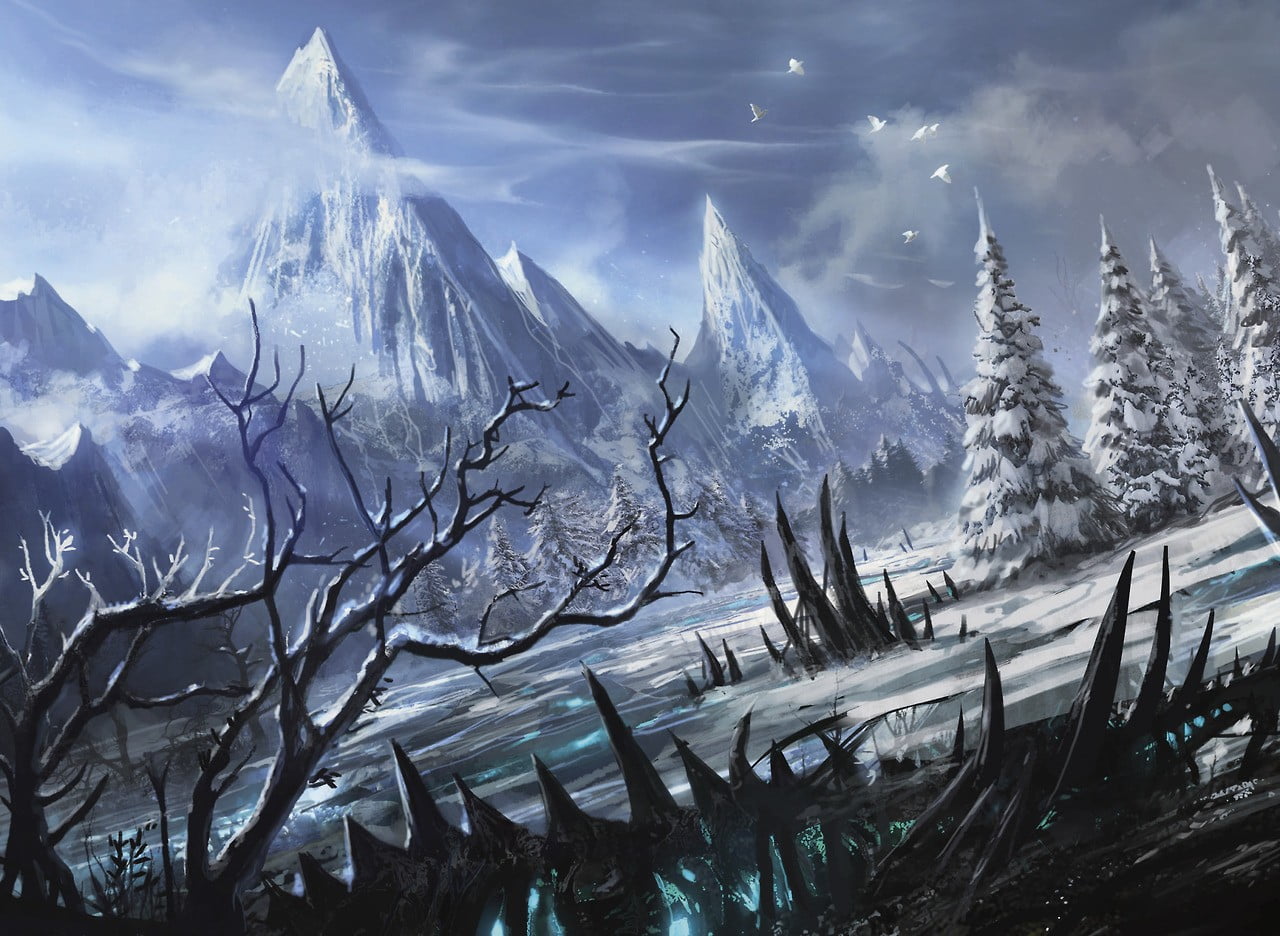 720P, snowcapped mountain, mountain range, cloud - sky, covered, cold temperature, painting, power in nature, fantasy art, water, scenics - nature, environment, HD Wallpaper