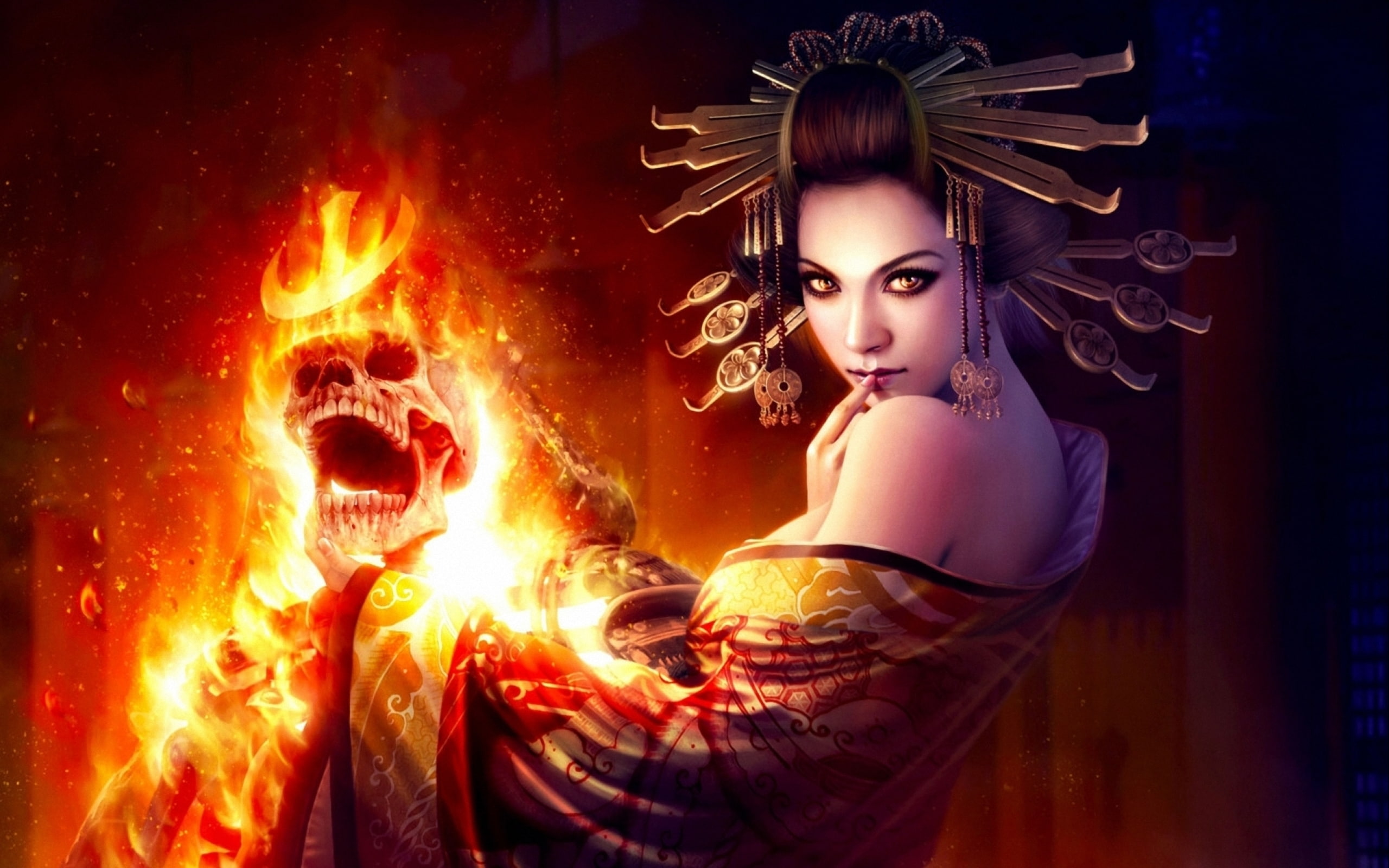 hd, fire, fantasy, character, magic, holding, skull, 2K, burning, female, warrior, skeleton, HD Wallpaper