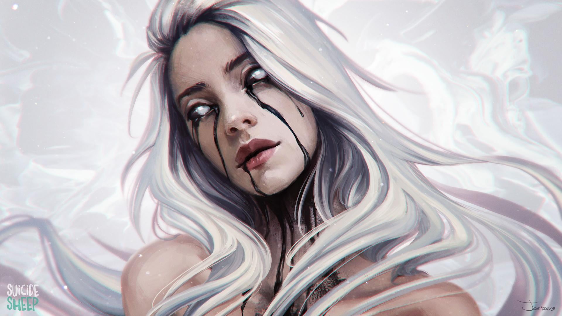fantasy girl, 1080P, fantasy art, artwork, white hair, women, white eyes, white eye, HD Wallpaper