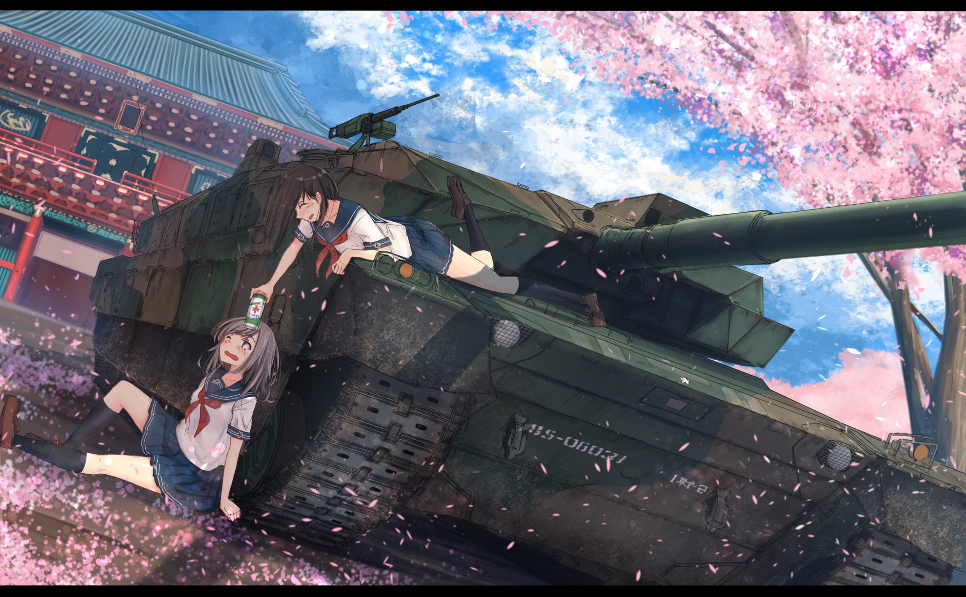 people, anime, original characters, young adult, day, cherry blossom, lifestyles, adult, outdoors, weapon, cloud - sky, young women, architecture, anime girls, HD Wallpaper