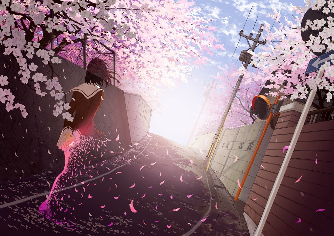 one person, building exterior, pink color, anime girls, adult, real people, leisure activity, nature, tree, 480P, flower, clothing, women, school uniform, HD Wallpaper