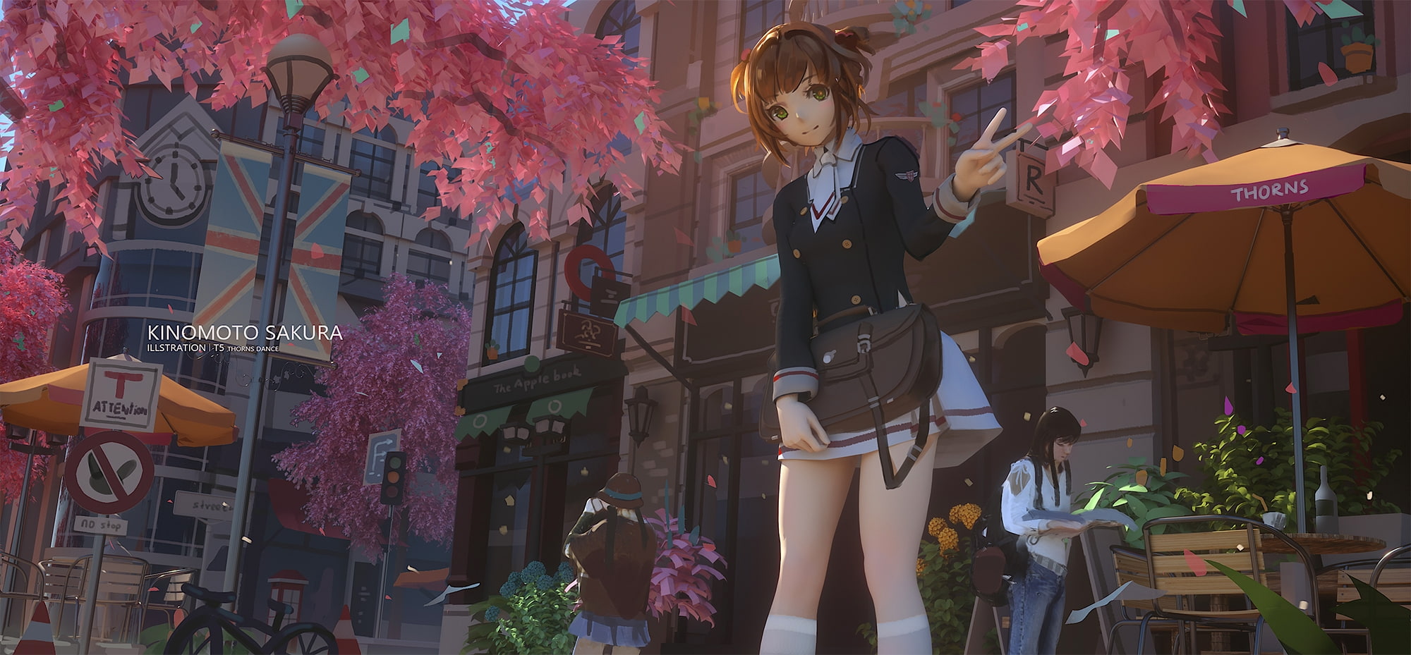 1080P, day, plant, cardcaptor sakura, walking, standing, adult, city, people, Anime, school uniform, retail, buildings, street, scenic, women, group of people, HD Wallpaper