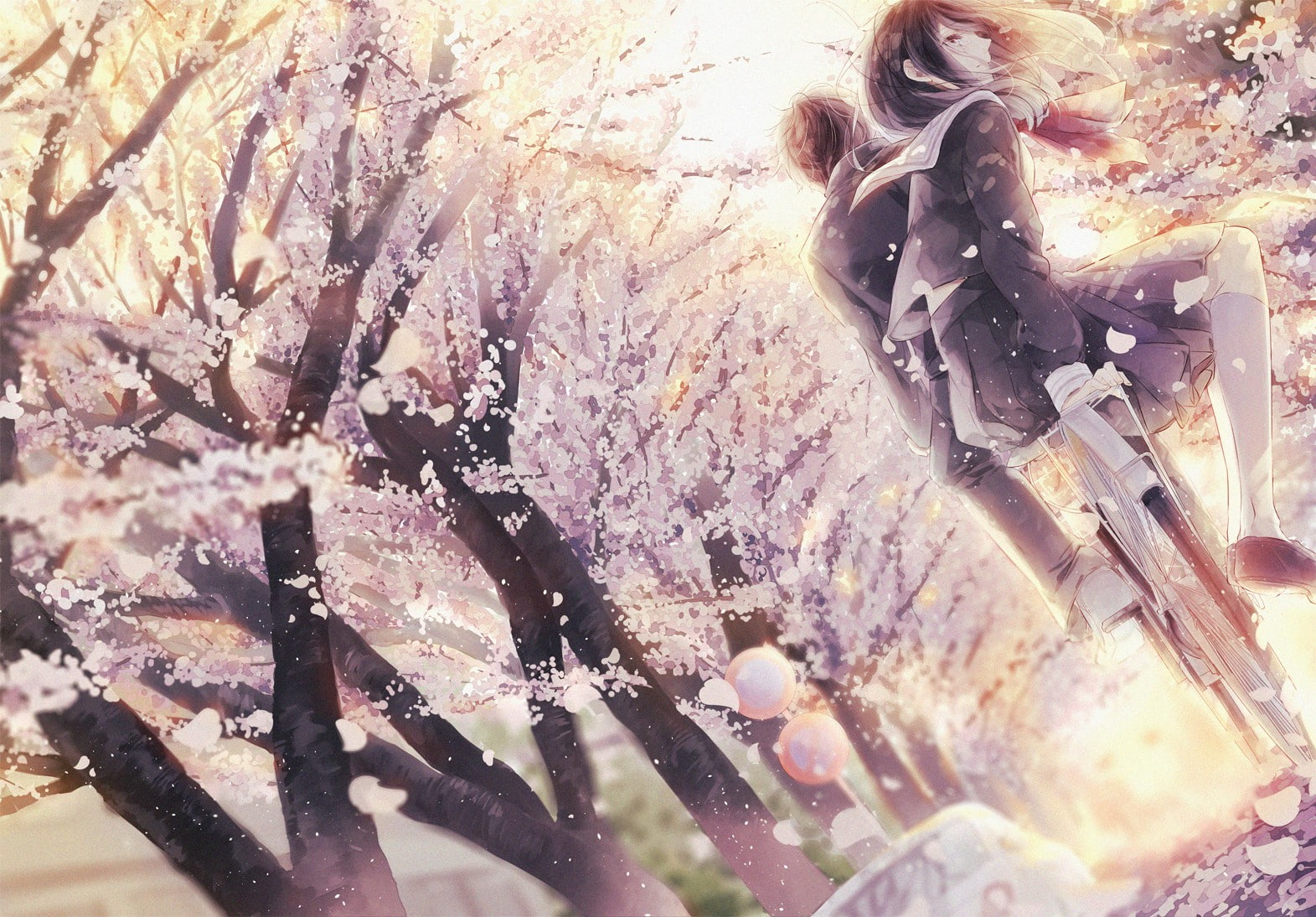 cherry blossom, anime girls, original characters, bicycle, school uniform, 720P, HD Wallpaper