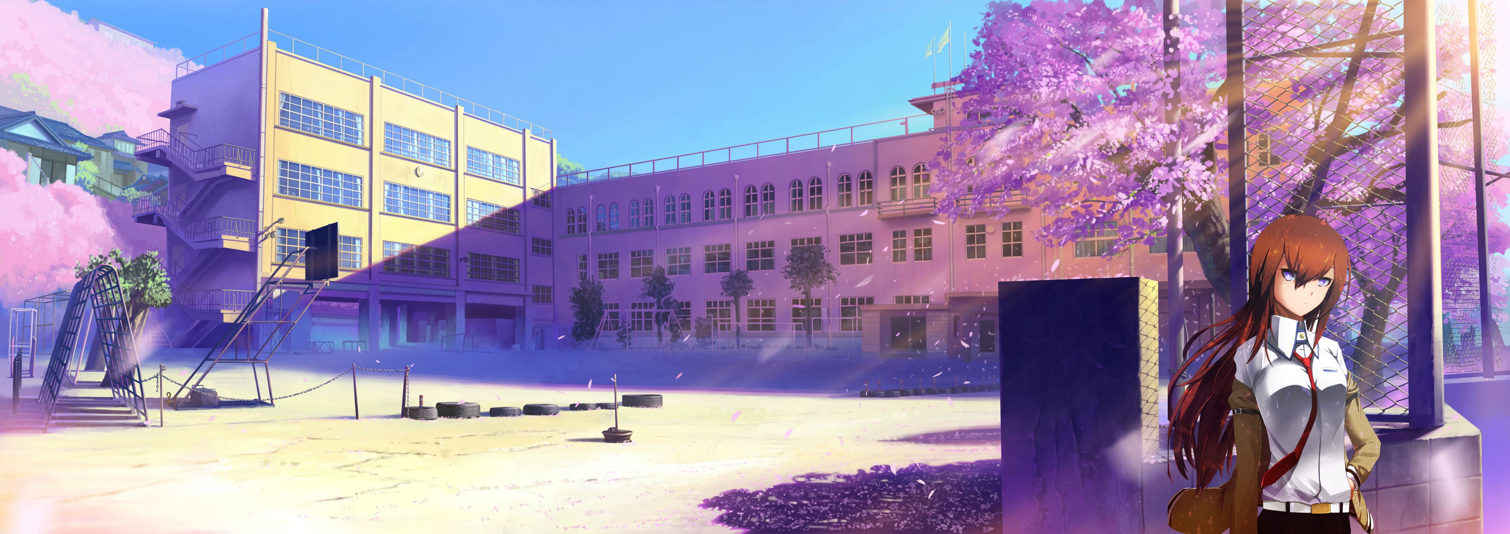 built structure, nature, city, building, 4K, sky, anime, street, art and craft, architecture, tree, school, city life, outdoors, purple, cherry blossom, HD Wallpaper