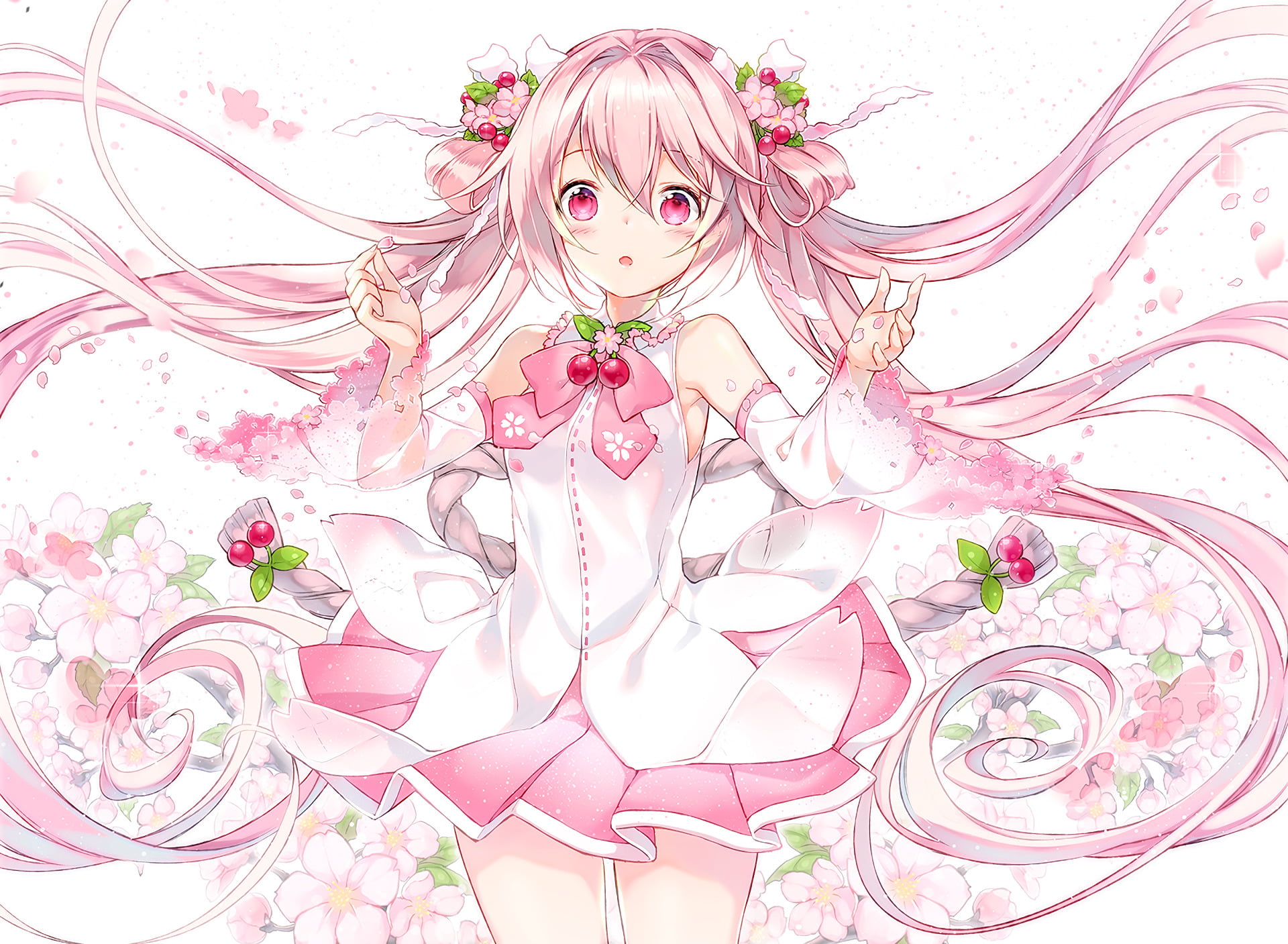 looking at camera, hair, one person, pink color, front view, 1080P, hairstyle, lifestyles, beautiful woman, beauty, flower, Vocaloid, Sakura Miku, flowering plant, HD Wallpaper